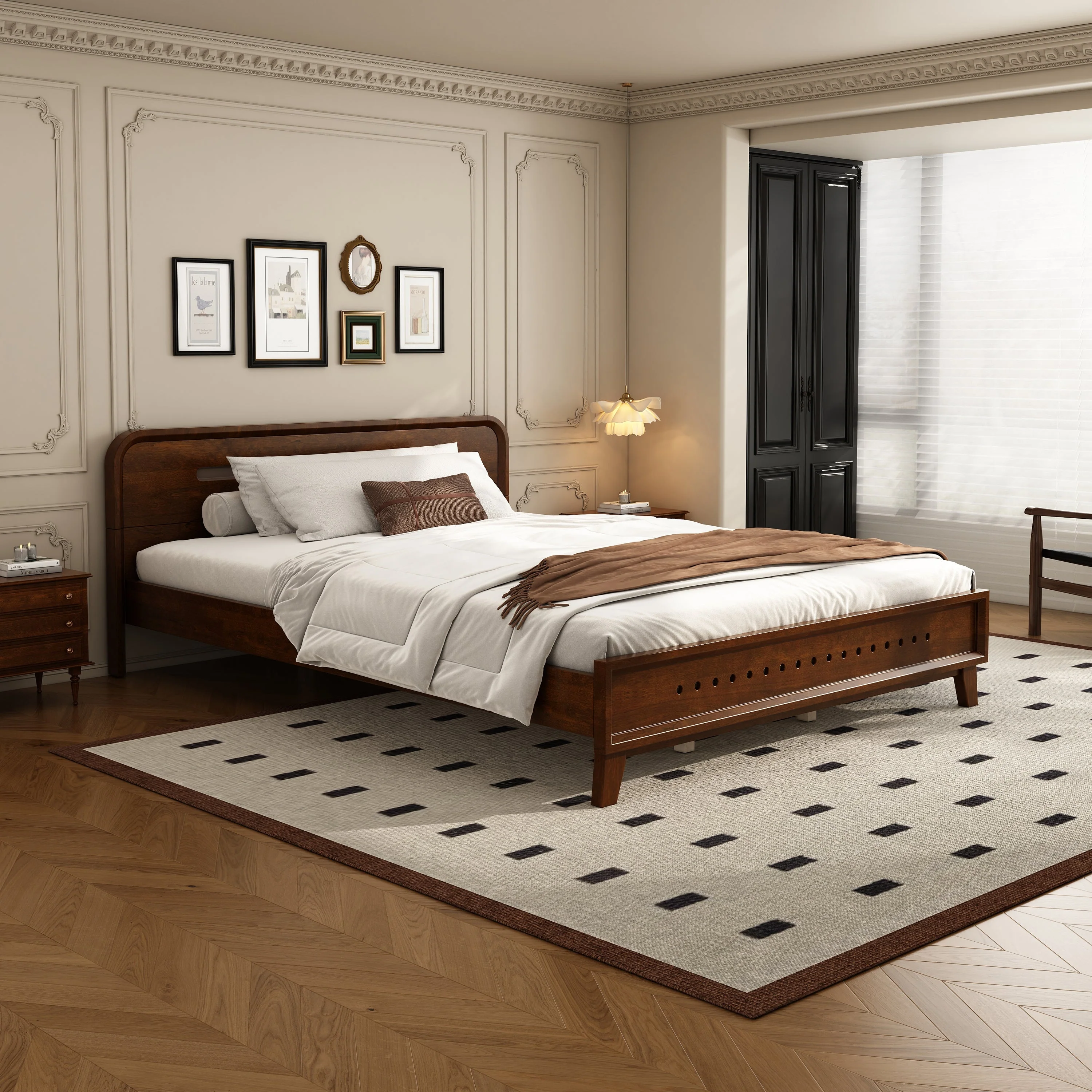 Pine Solid Wood Queen Size Bed, Dark Walnut - Image 2