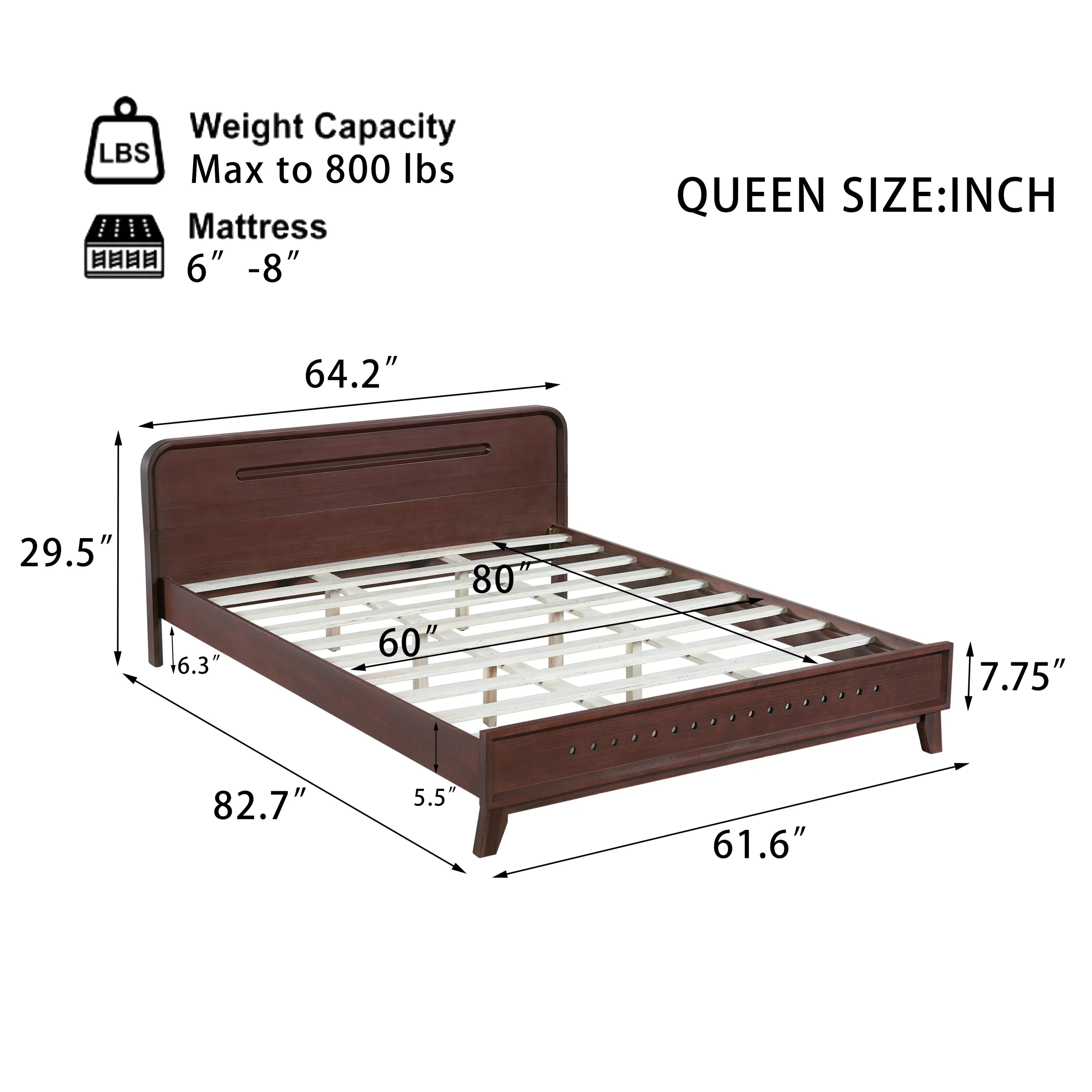 Pine Solid Wood Queen Size Bed, Dark Walnut - Image 3