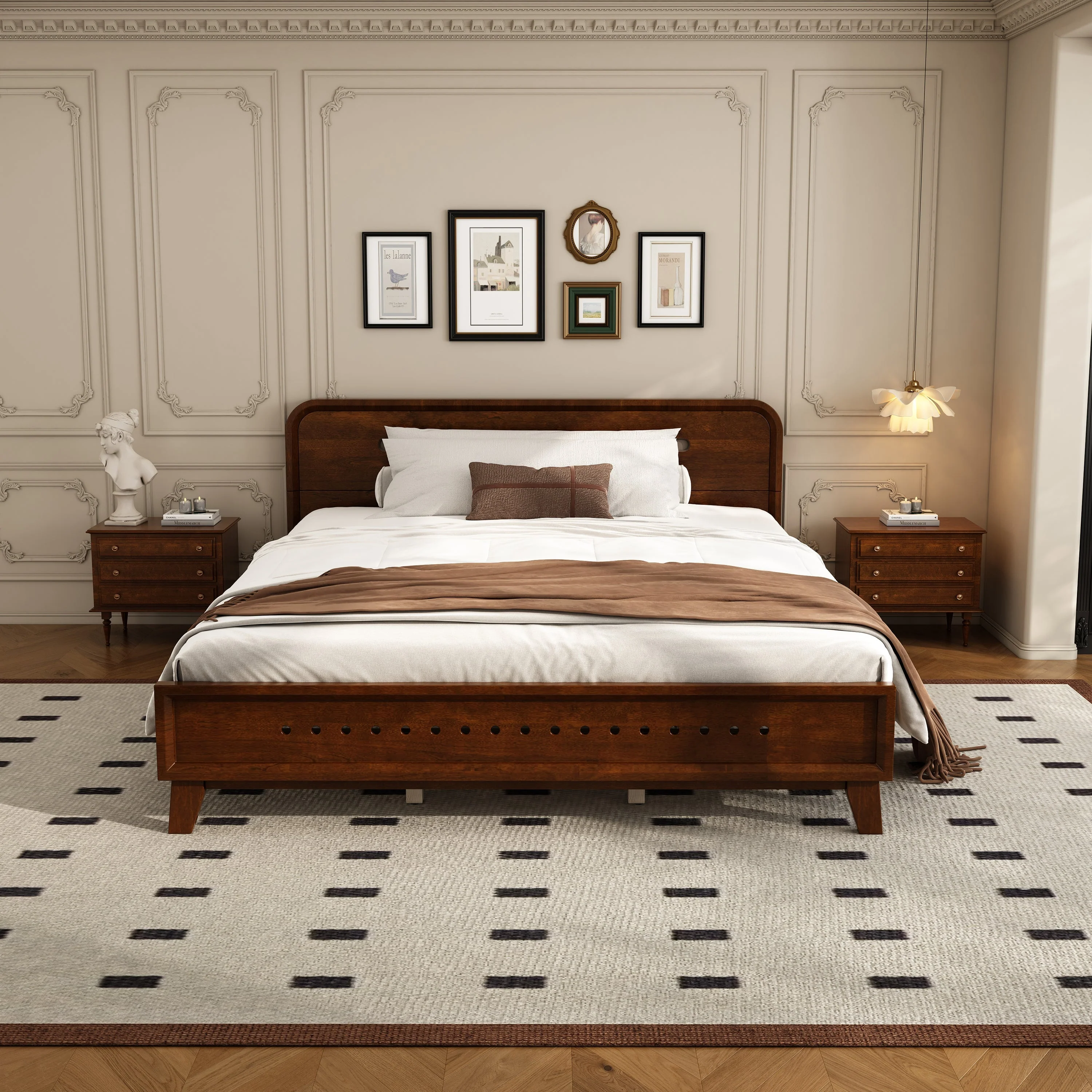 Pine Solid Wood Queen Size Bed, Dark Walnut - Image 4