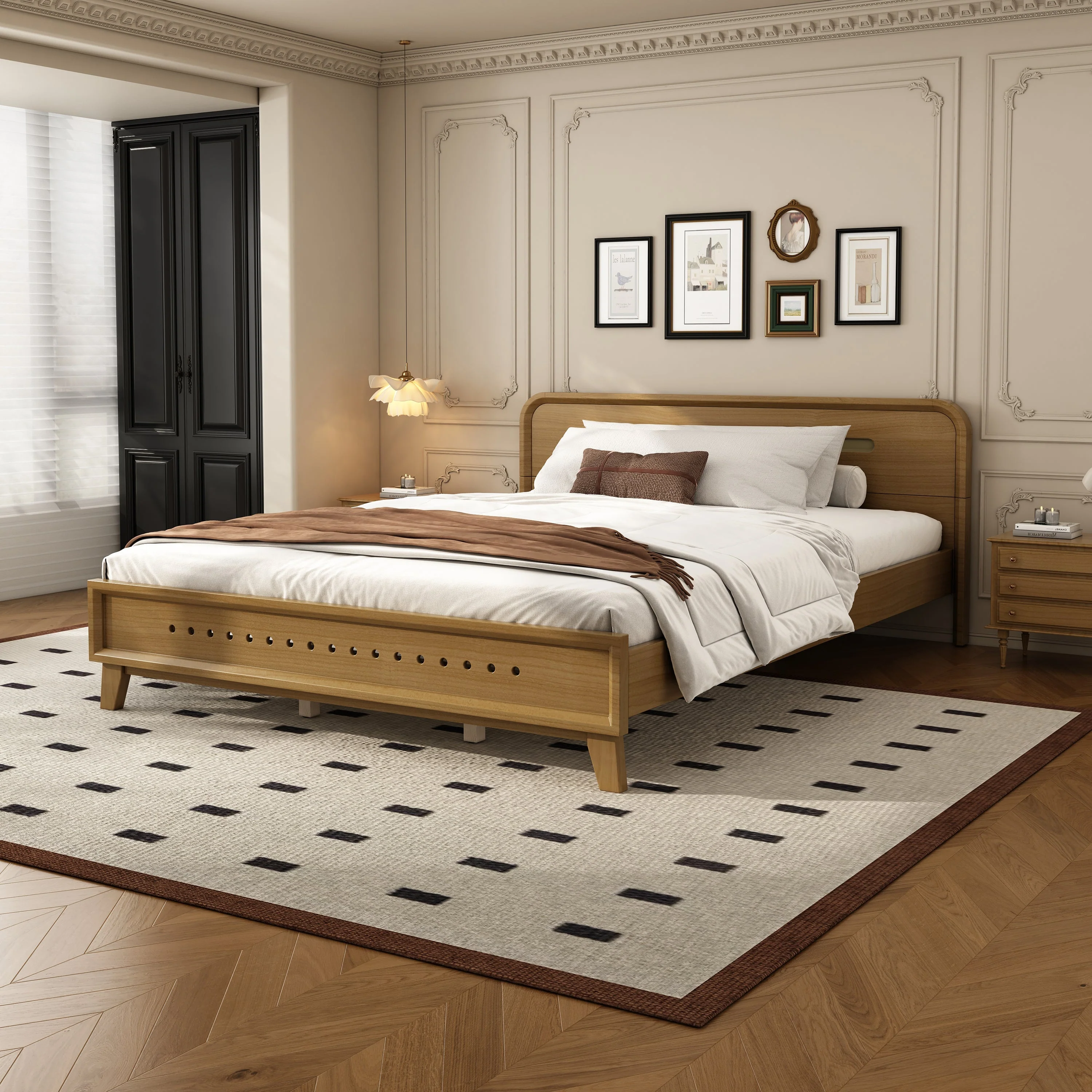 Pine Solid Wood Queen Size Bed, Rustic Yellow - Image 2