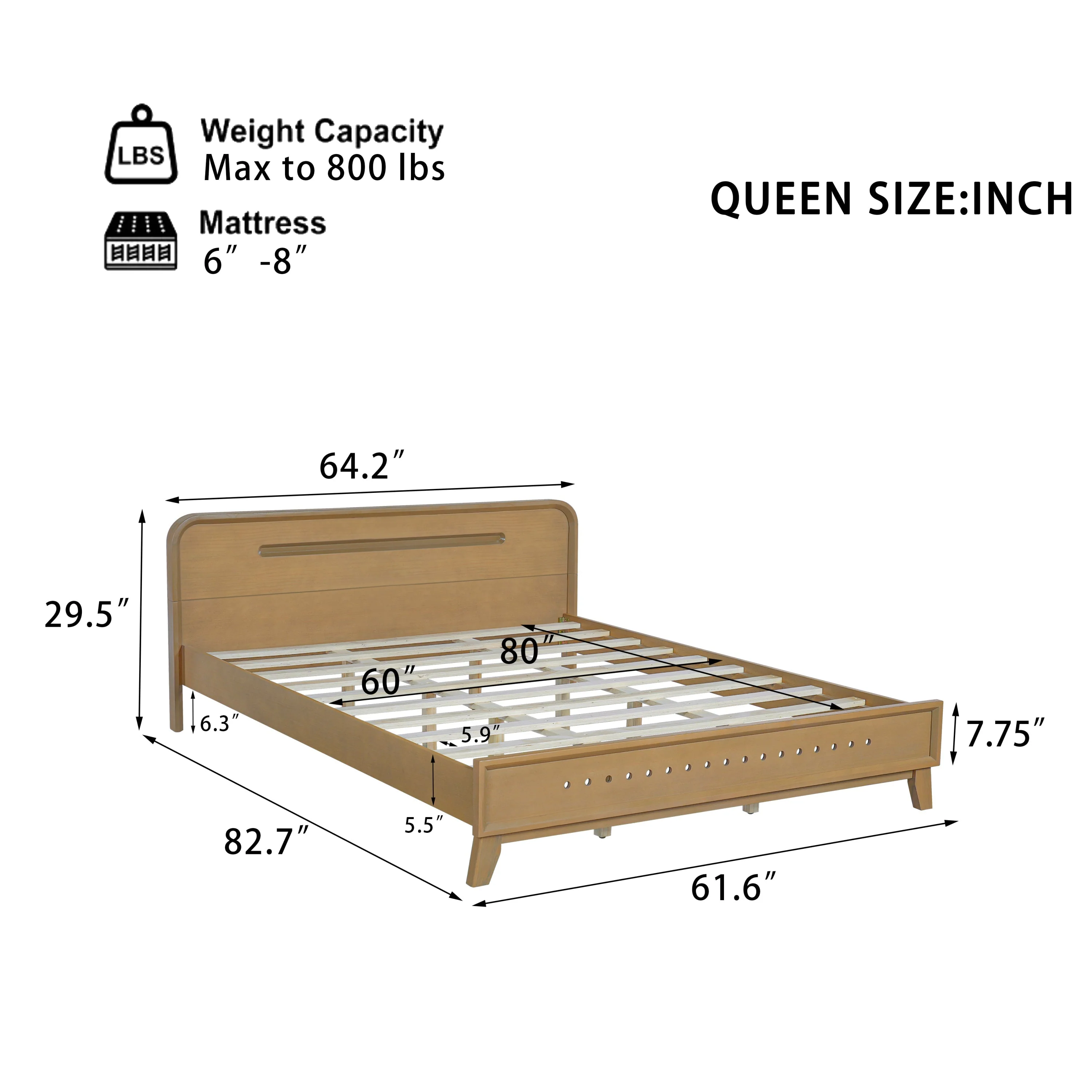Pine Solid Wood Queen Size Bed, Rustic Yellow - Image 4