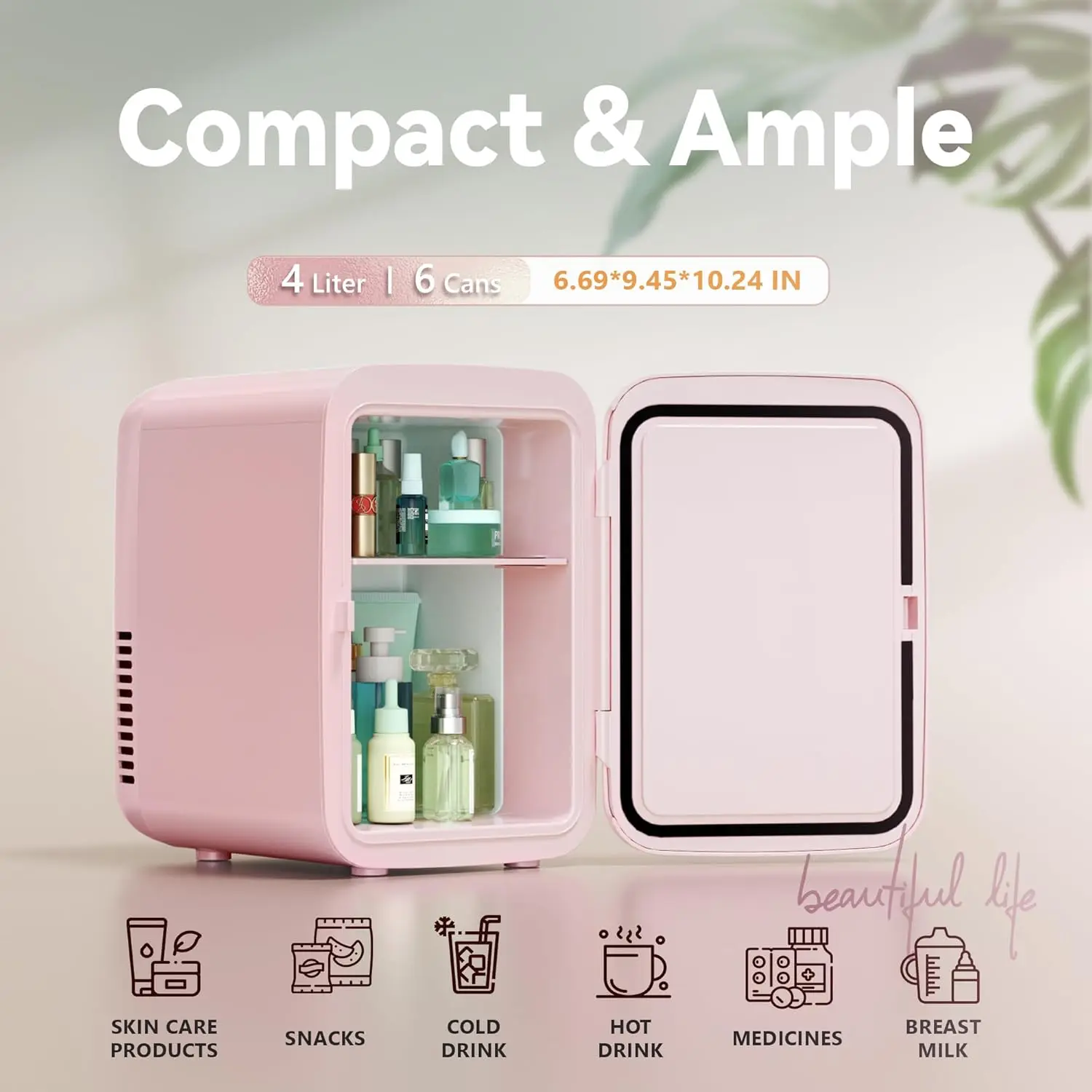 Pink 4L Mini Fridge Portable AC/DC Skincare Cosmetics Beverage Cooler - Image 2