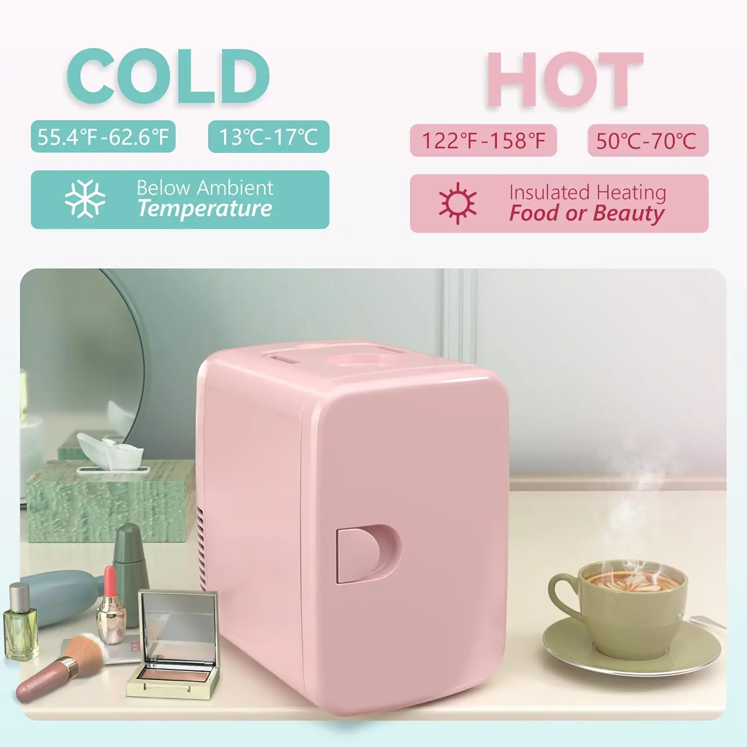 Pink 4L Mini Fridge Portable AC/DC Skincare Cosmetics Beverage Cooler - Image 3