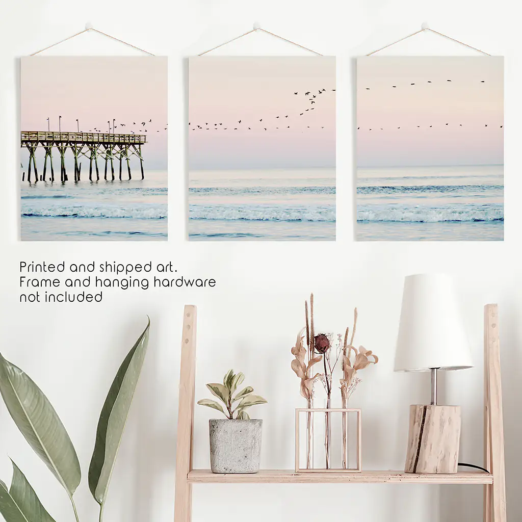 Pink Ocean Sunset Triptych. Wooden Pier, Waves, Seagulls - Image 10