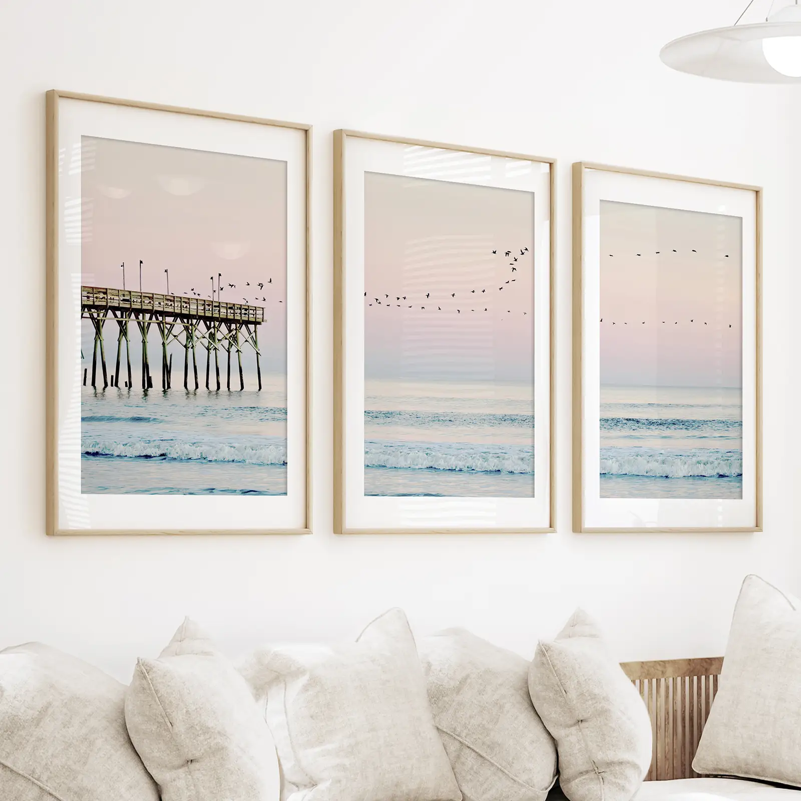 Pink Ocean Sunset Triptych. Wooden Pier, Waves, Seagulls - Image 3
