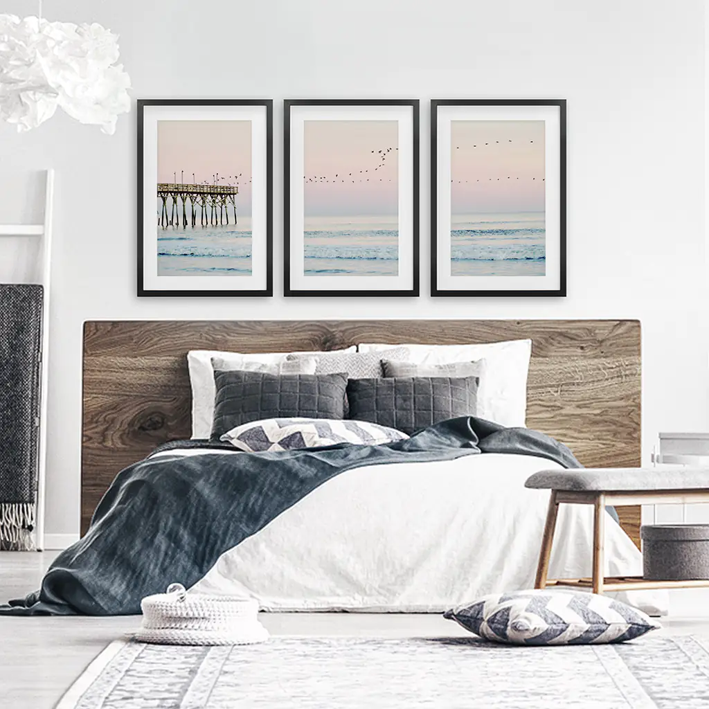 Pink Ocean Sunset Triptych. Wooden Pier, Waves, Seagulls - Image 4