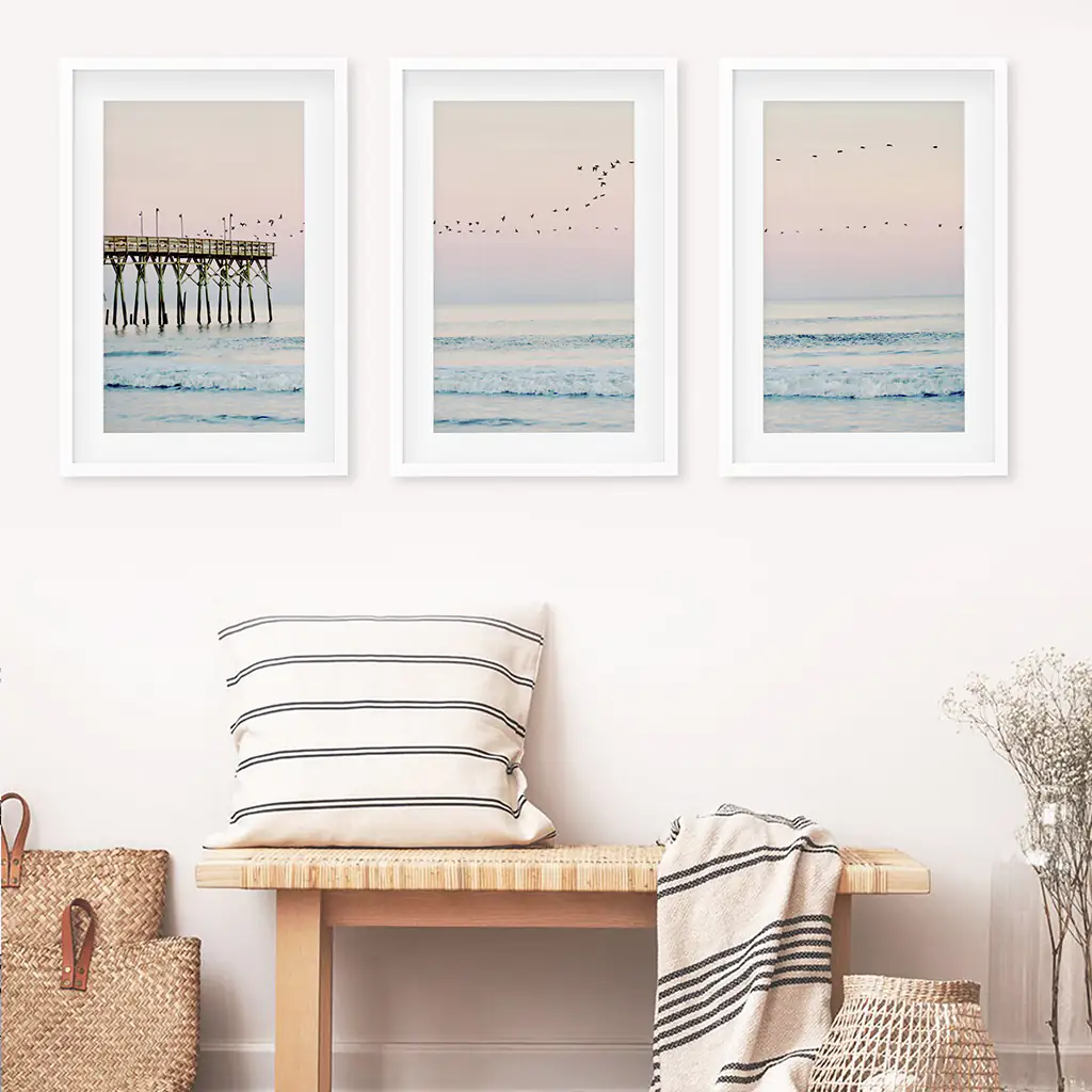 Pink Ocean Sunset Triptych. Wooden Pier, Waves, Seagulls - Image 5