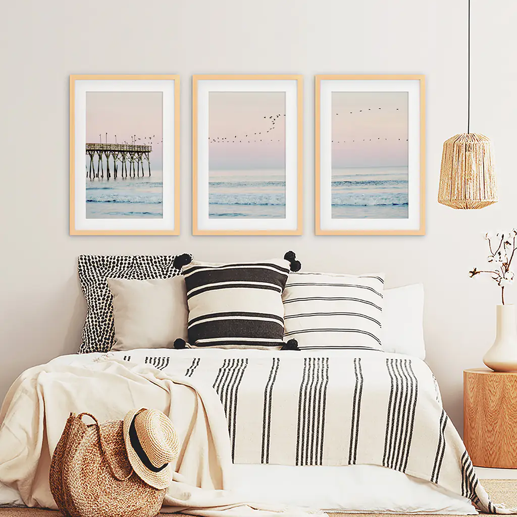 Pink Ocean Sunset Triptych. Wooden Pier, Waves, Seagulls - Image 6