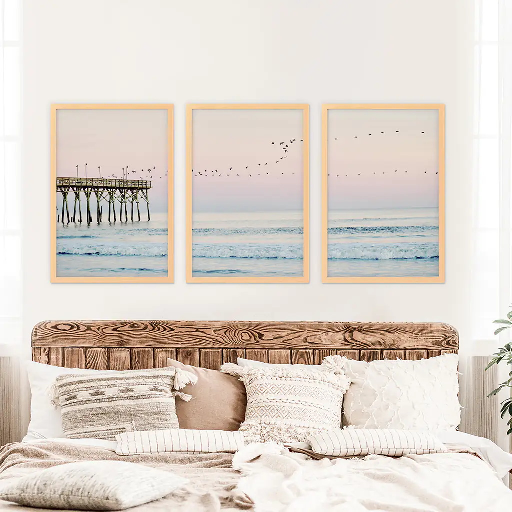 Pink Ocean Sunset Triptych. Wooden Pier, Waves, Seagulls - Image 7