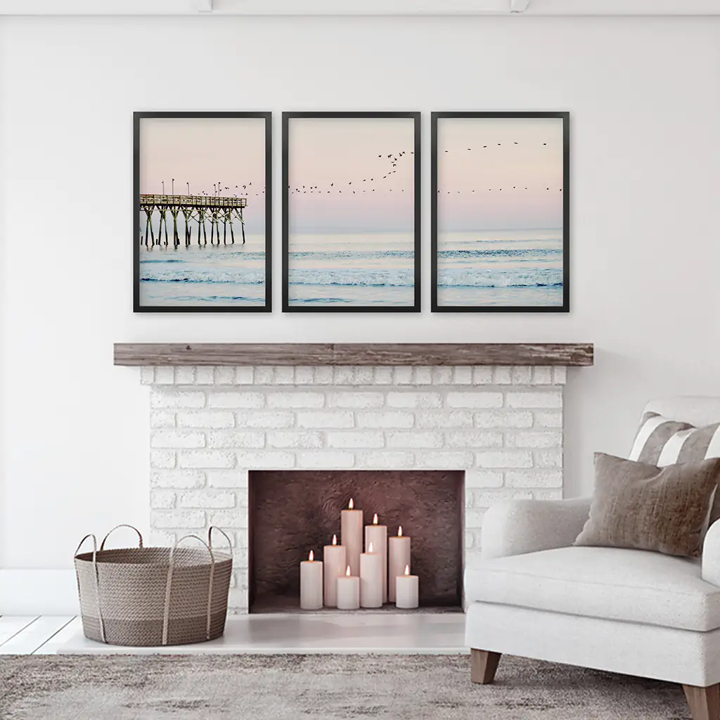 Pink Ocean Sunset Triptych. Wooden Pier, Waves, Seagulls - Image 8