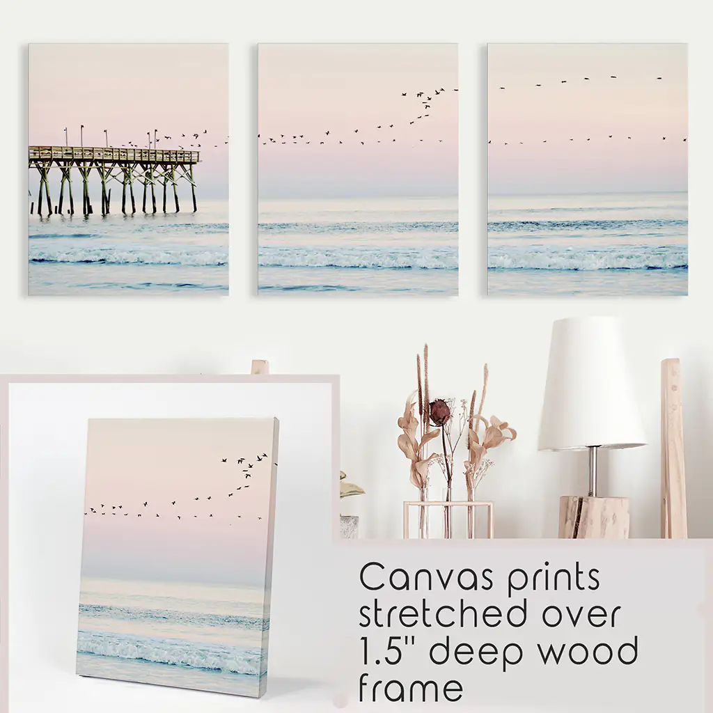 Pink Ocean Sunset Triptych. Wooden Pier, Waves, Seagulls - Image 9