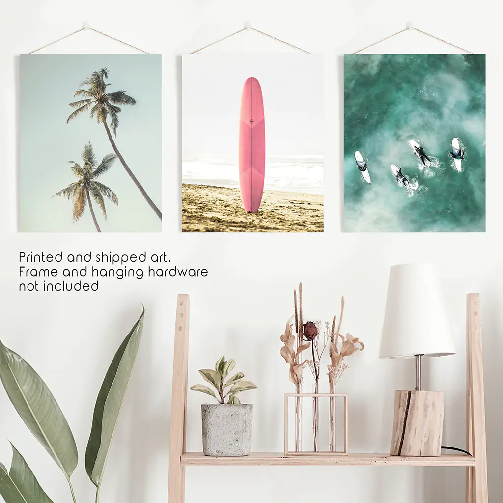 Pink Surfboard Wall Art. Pastel Beach, Waves, Tropical Palms - Image 10