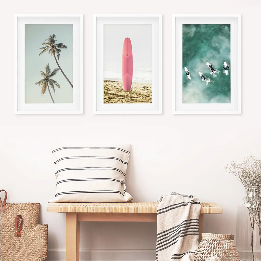 Pink Surfboard Wall Art. Pastel Beach, Waves, Tropical Palms - Image 2