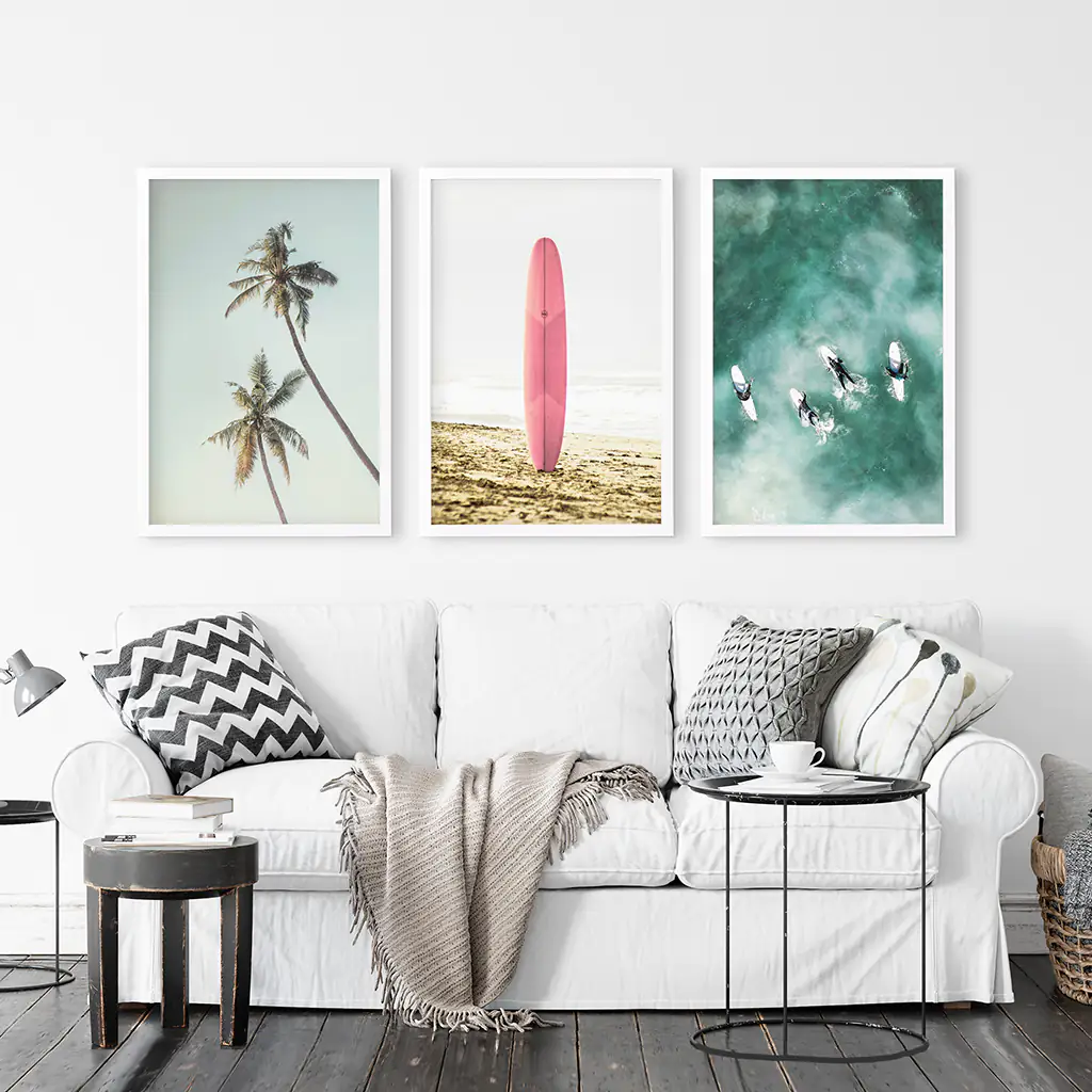 Pink Surfboard Wall Art. Pastel Beach, Waves, Tropical Palms - Image 5