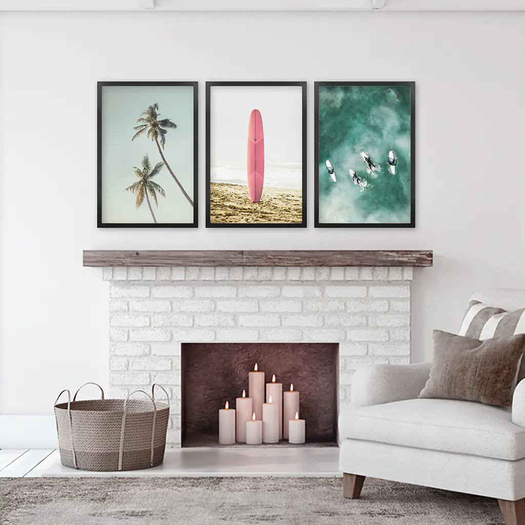Pink Surfboard Wall Art. Pastel Beach, Waves, Tropical Palms - Image 6