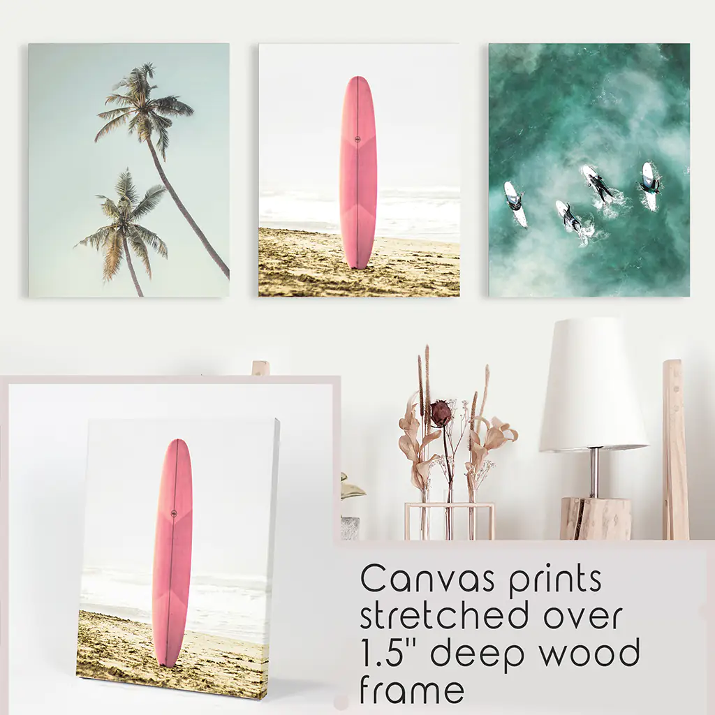 Pink Surfboard Wall Art. Pastel Beach, Waves, Tropical Palms - Image 9