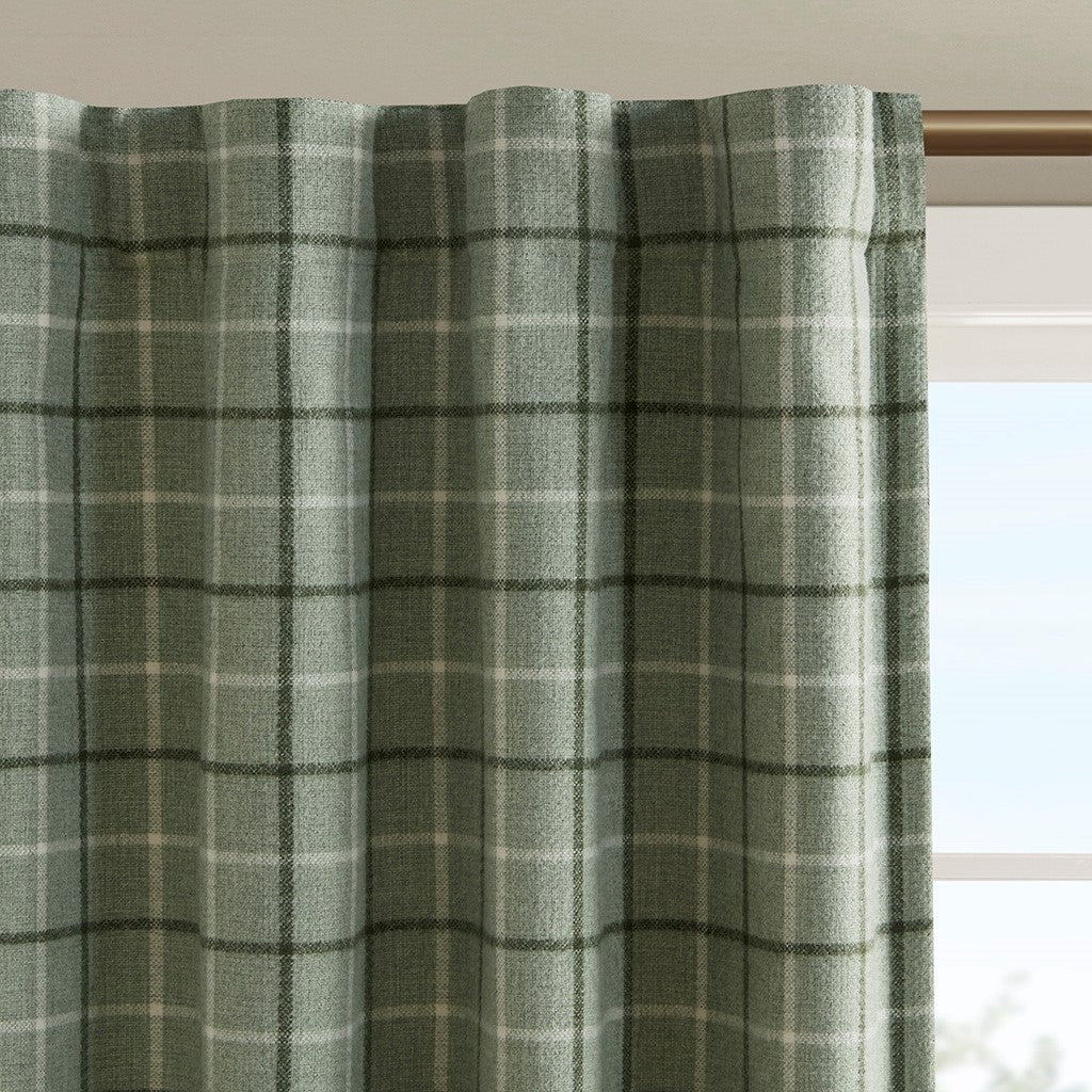 Plaid Rod Pocket and Back Tab Curtain Panel with Fleece Lining Green 50x84 - Image 2