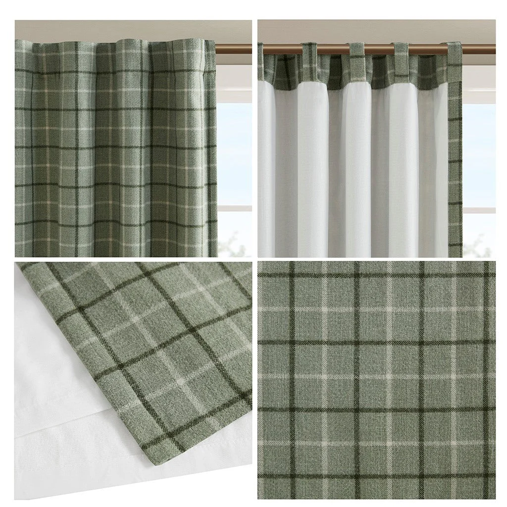 Plaid Rod Pocket and Back Tab Curtain Panel with Fleece Lining Green 50x84 - Image 3