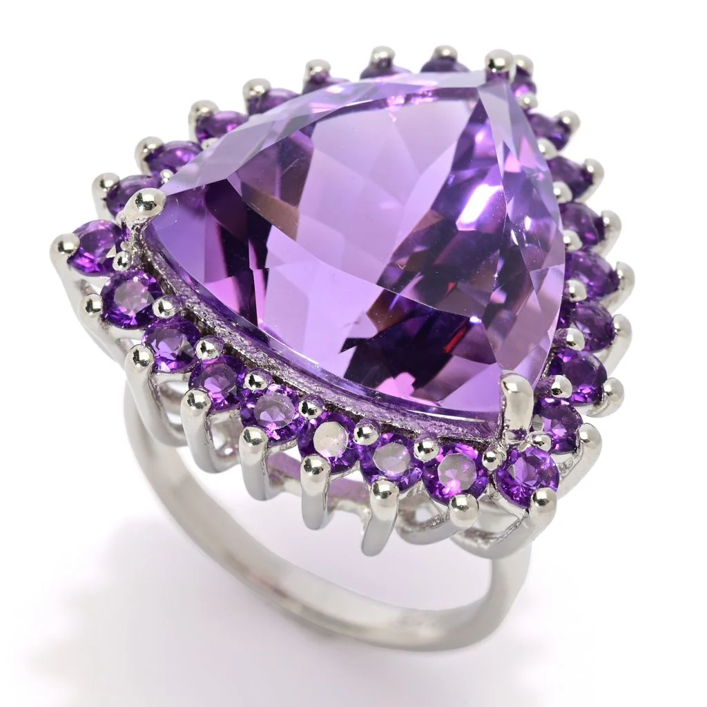 Platinum Plated "Hollywood" 17.92ctw Trillion Shape Brazilian Amethyst Halo Ring - Image 2