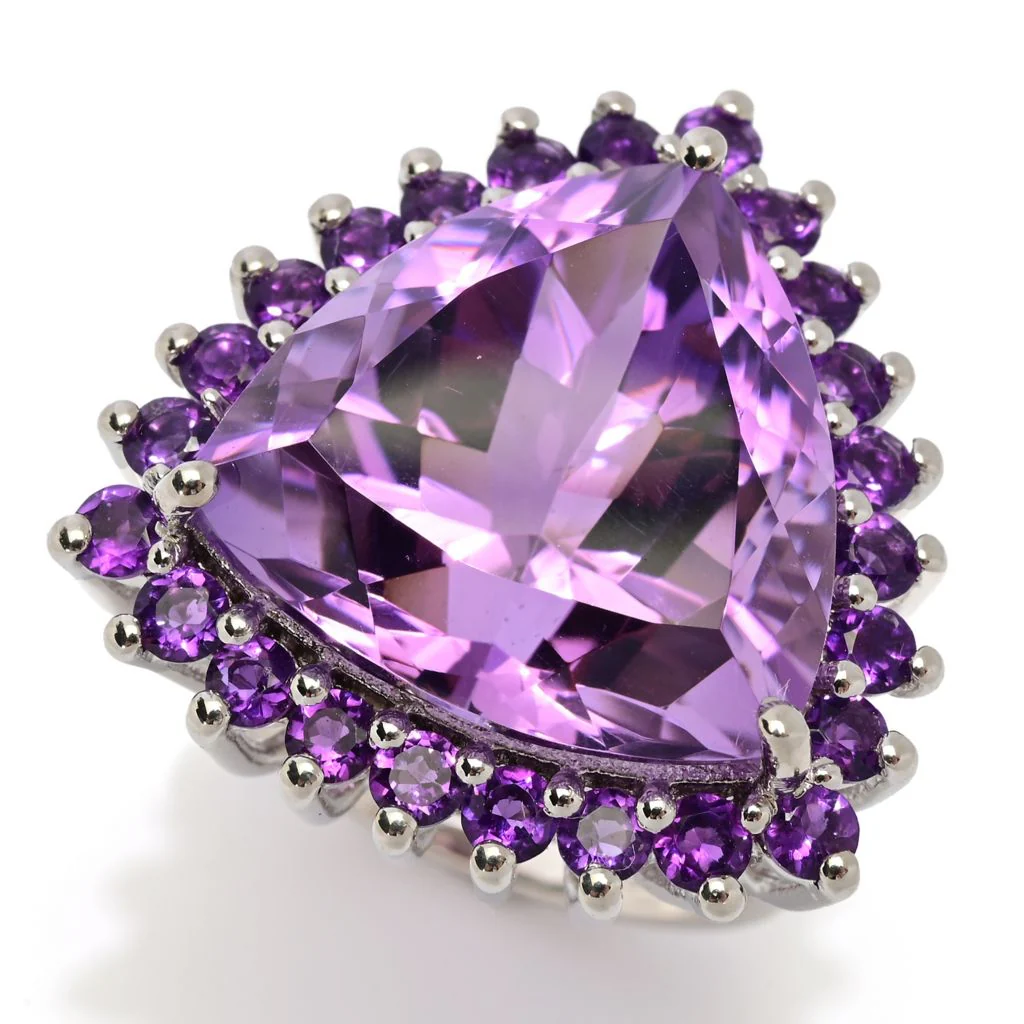 Platinum Plated "Hollywood" 17.92ctw Trillion Shape Brazilian Amethyst Halo Ring - Image 3