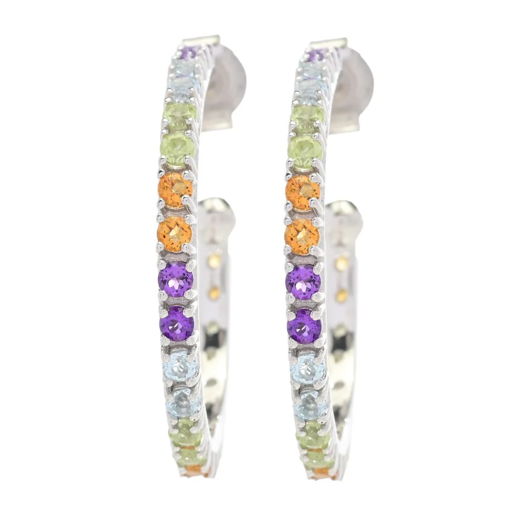 Platinum Plated Polished Choice of Gemstone 1" Hoop Earrings - Image 3
