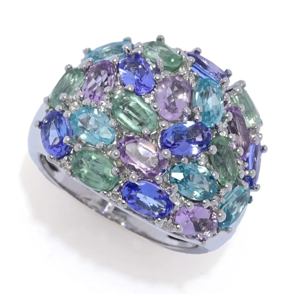 Platinum Plated "Shades of Spring" 6.43ctw Multi Gemstone Cluster Ring - Image 3