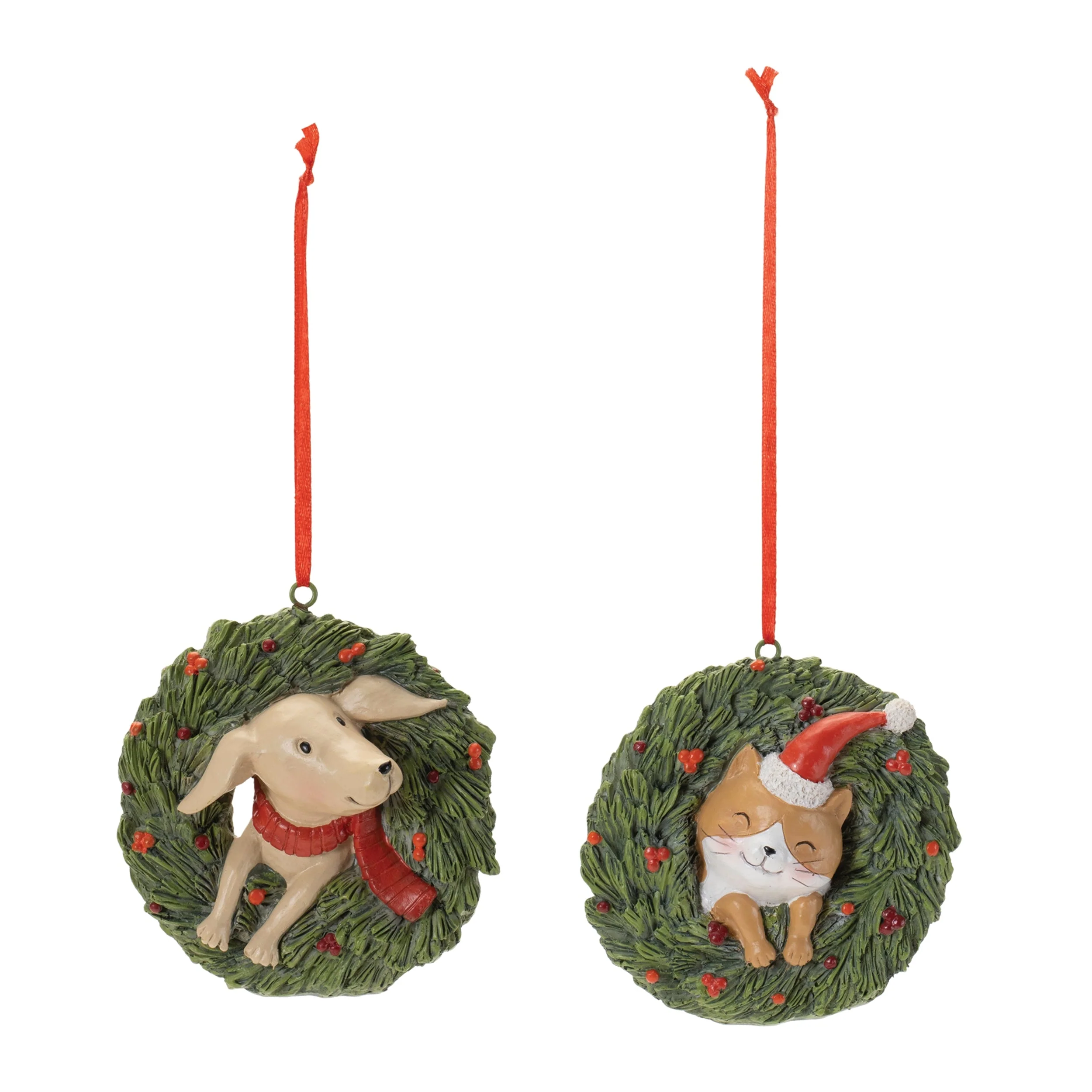 Playful Cat and Dog in Pine Wreath Ornament (Set of 4) - Image 2