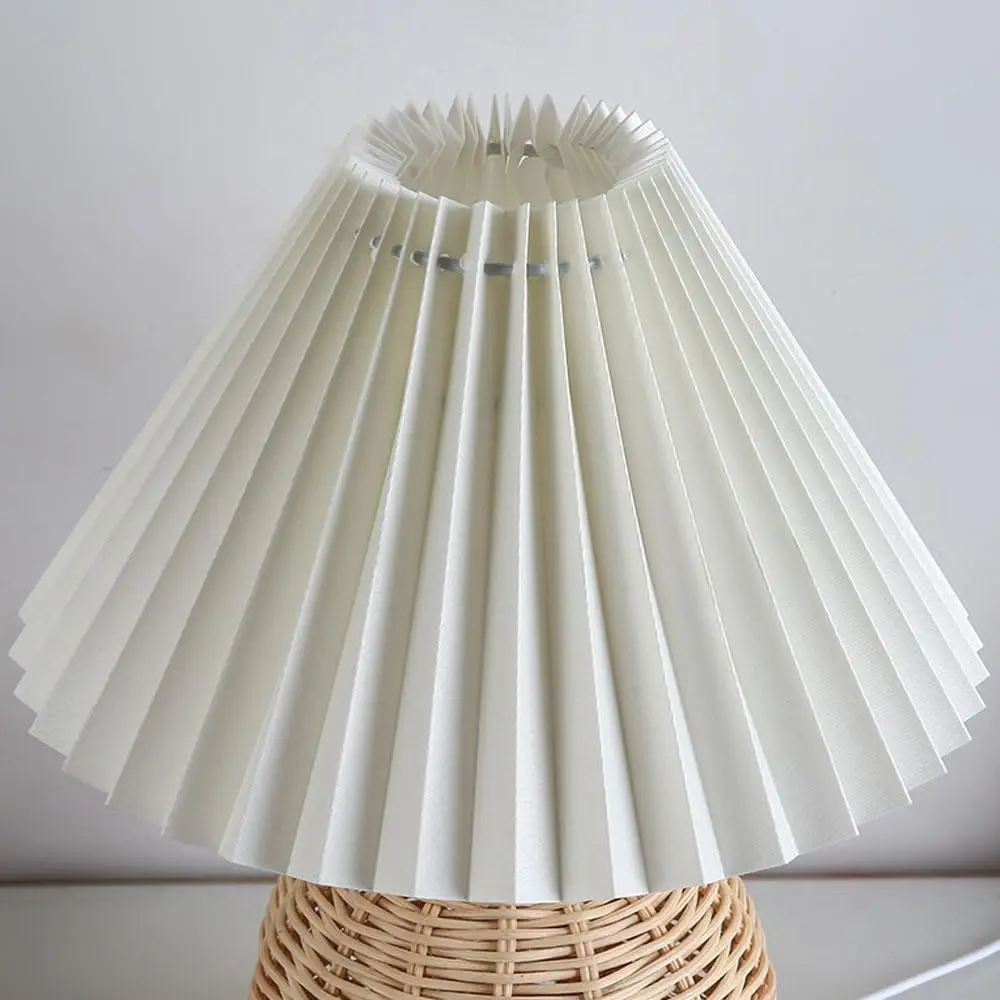 Pleated Fabric Bedside Table Lamp USB LED Light Retro Rattan Shade for Home Decor - Image 2