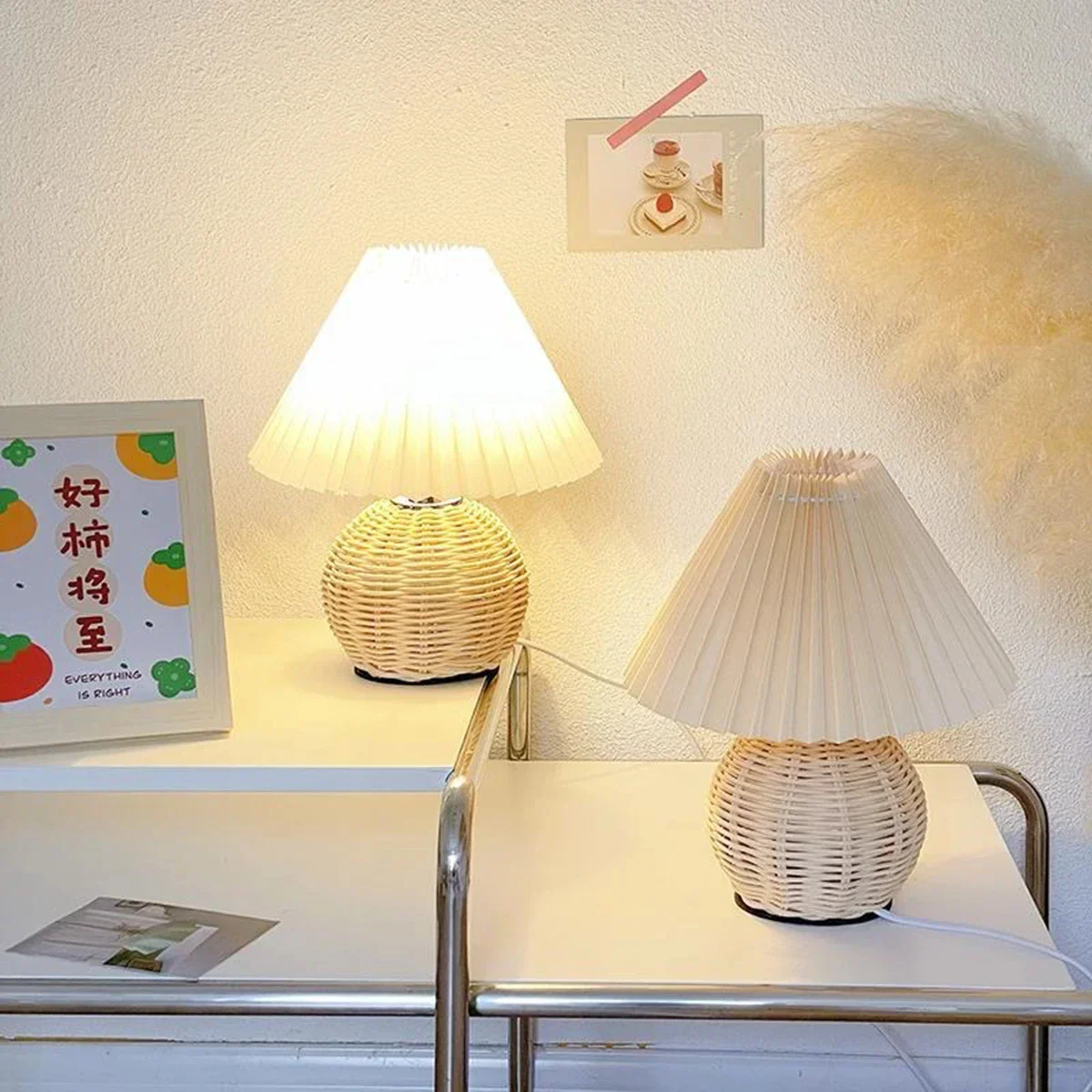 Pleated Fabric Bedside Table Lamp USB LED Light Retro Rattan Shade for Home Decor - Image 4