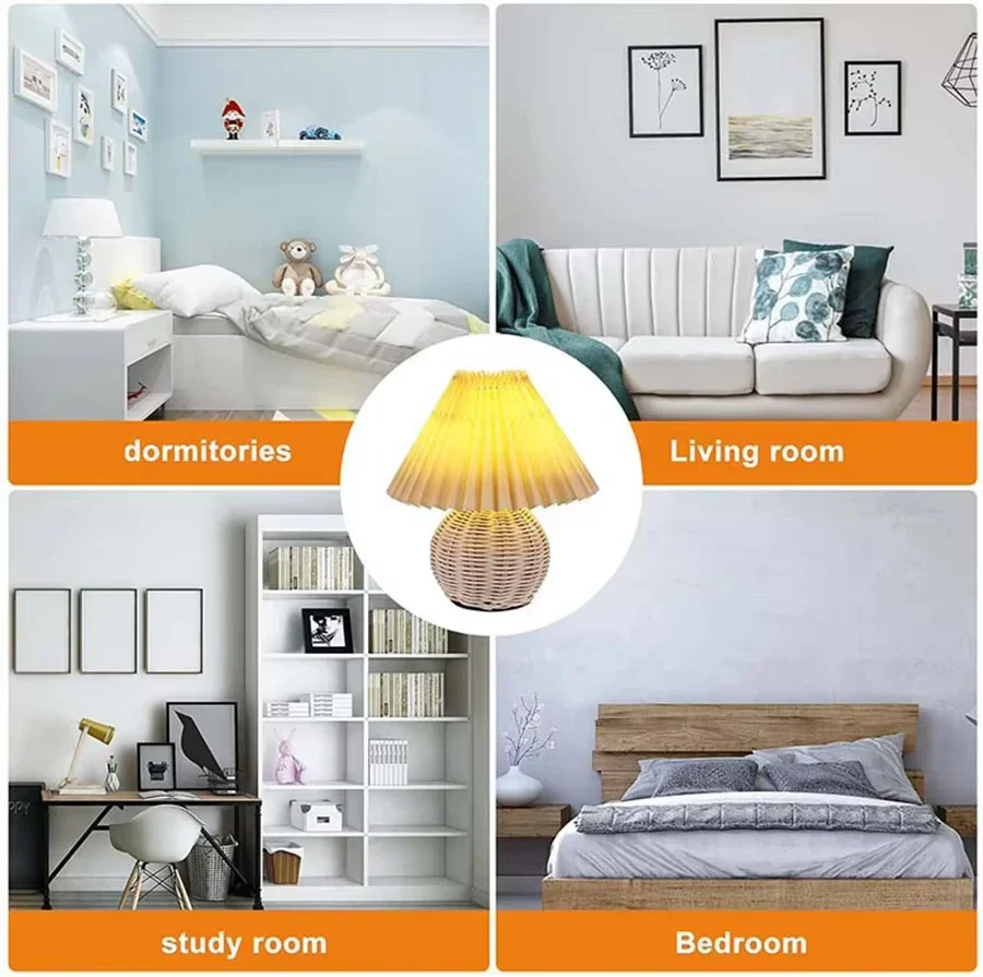 Pleated Fabric Bedside Table Lamp USB LED Light Retro Rattan Shade for Home Decor - Image 6