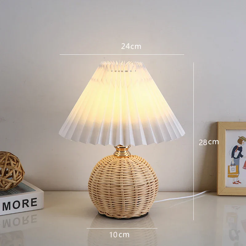 Pleated Fabric Bedside Table Lamp USB LED Light Retro Rattan Shade for Home Decor - Image 7