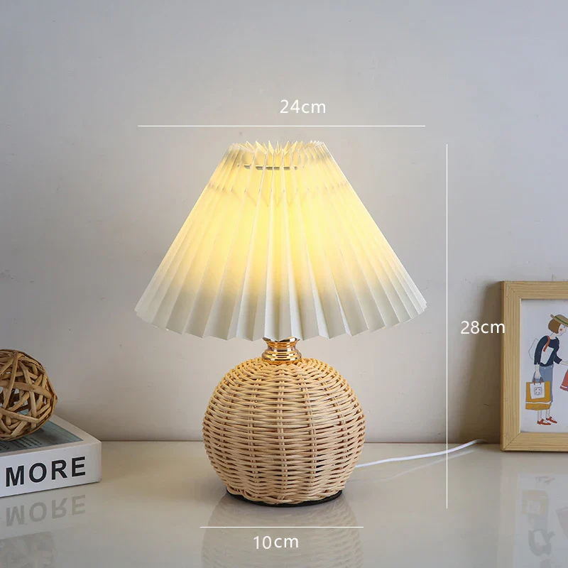 Pleated Fabric Bedside Table Lamp USB LED Light Retro Rattan Shade for Home Decor - Image 8