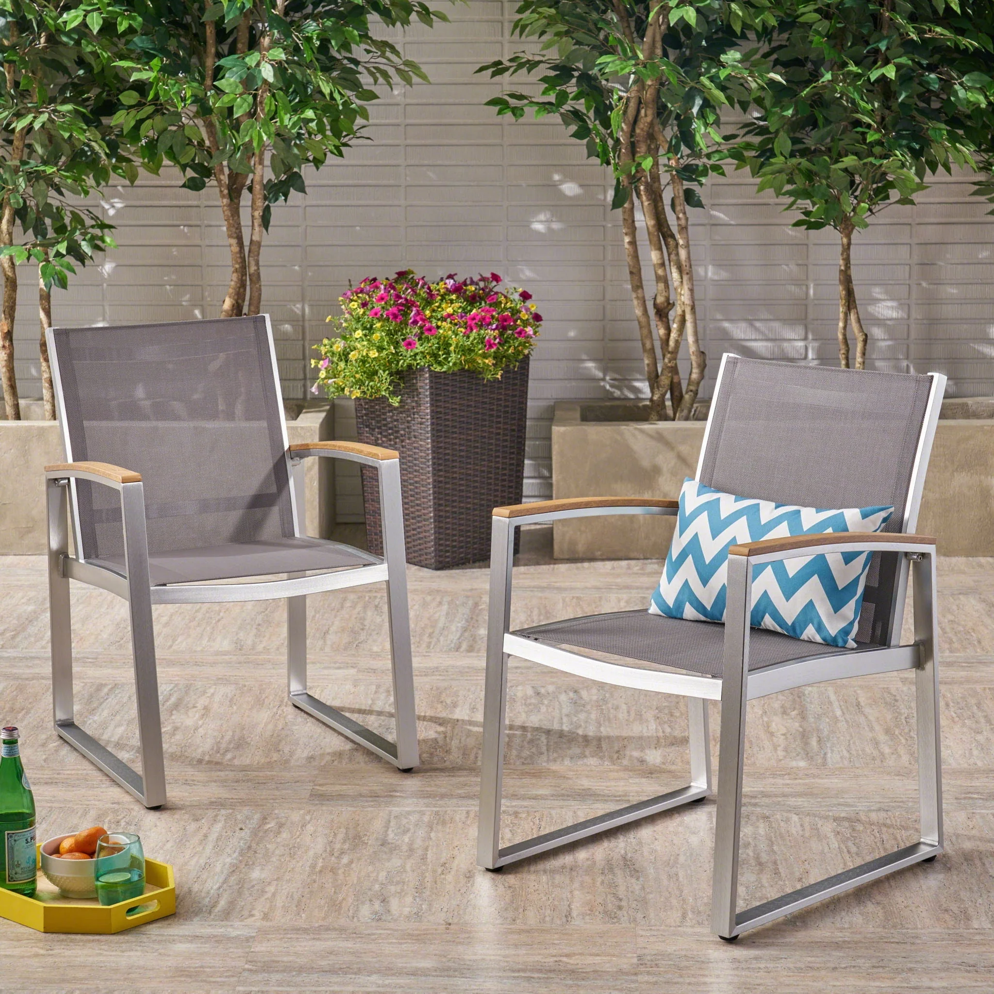Poetic Outdoor Dining Chair With Faux Wood Arms And Aluminum Frame (Set of 2) - Gray - Image 3
