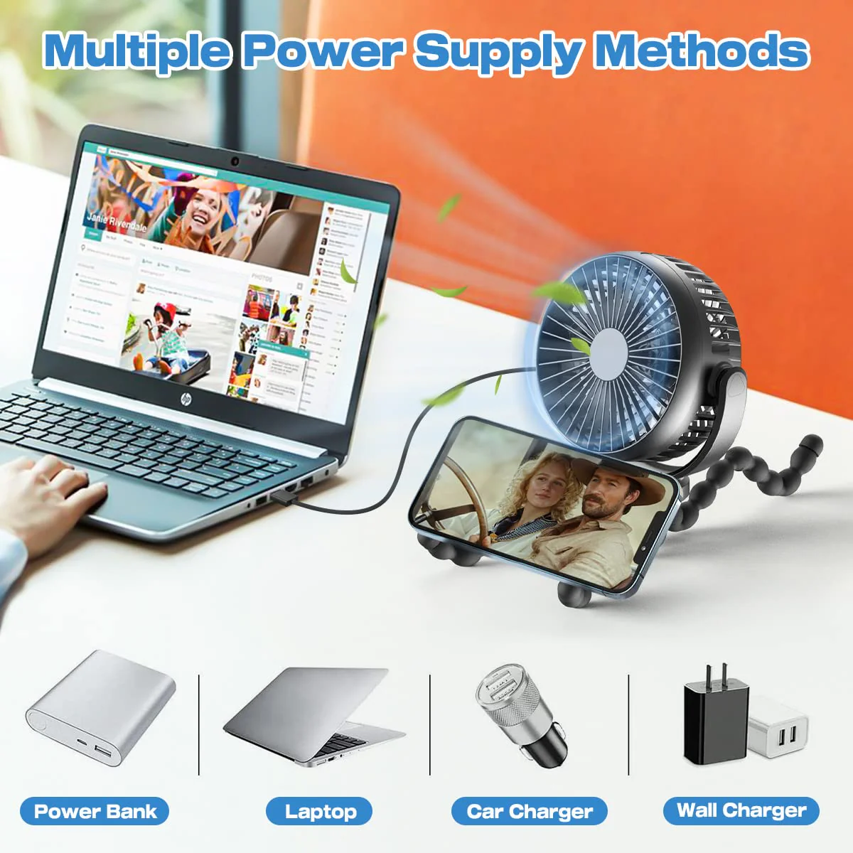 Portable Fan 8000mAh USB Rechargeable 4-Speed 360° Rotation - Image 3