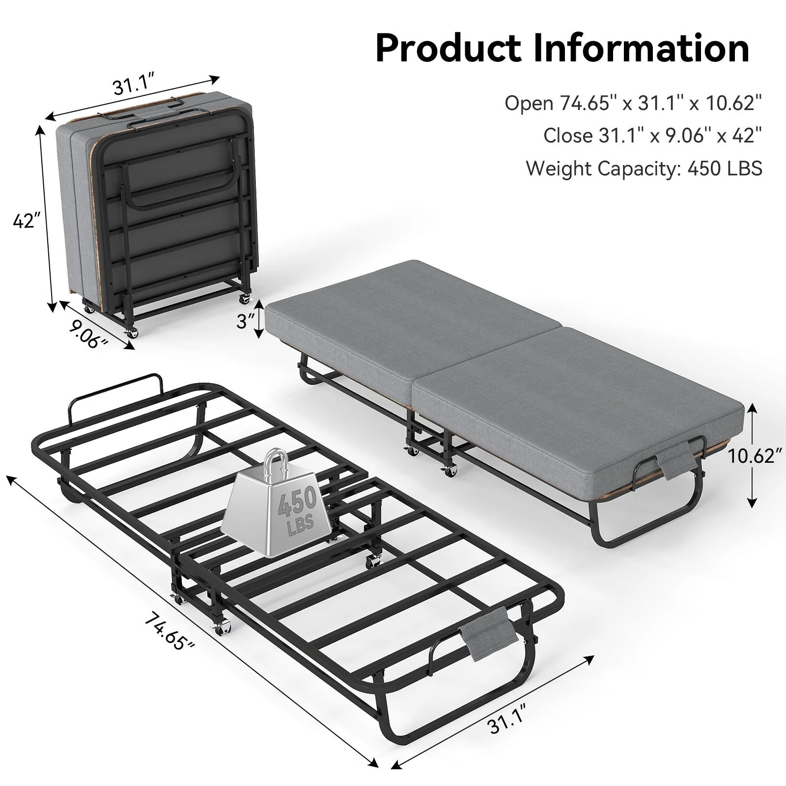 Portable Folding Bed With Memory Foam Mattress, Lockable - Gray - Image 3