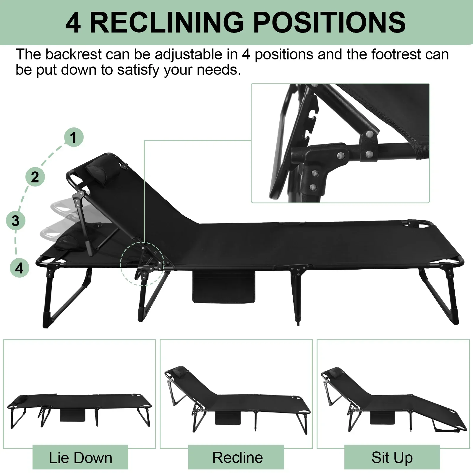 Portable Folding Camping Cot Adjustable Reclining Lounge Chair with Pillow - Image 2