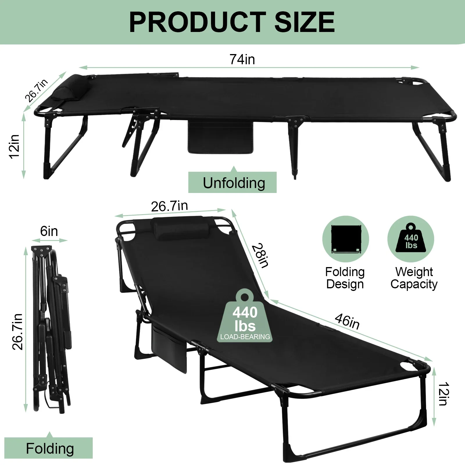 Portable Folding Camping Cot Adjustable Reclining Lounge Chair with Pillow - Image 3