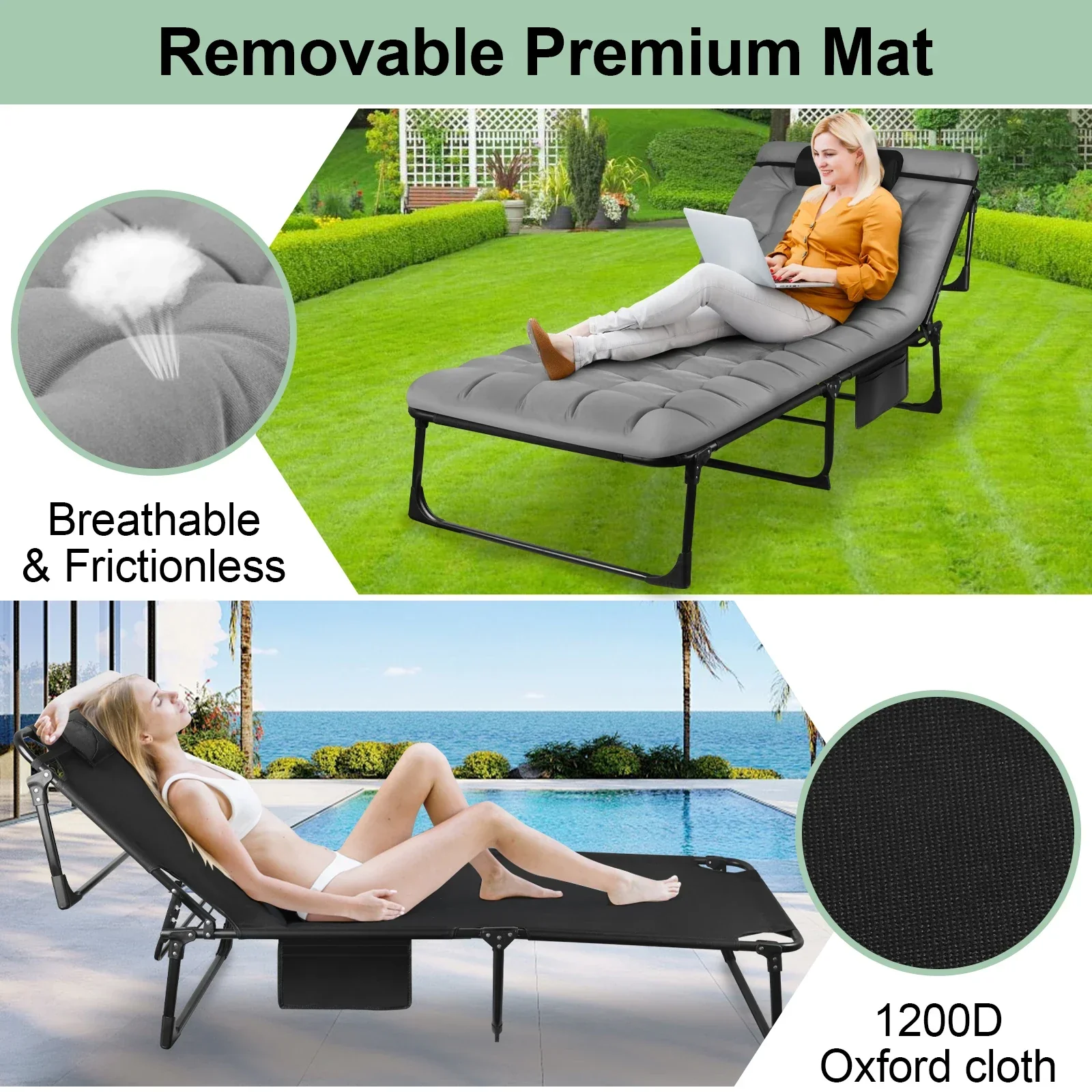 Portable Folding Camping Cot Adjustable Reclining Lounge Chair with Pillow - Image 5