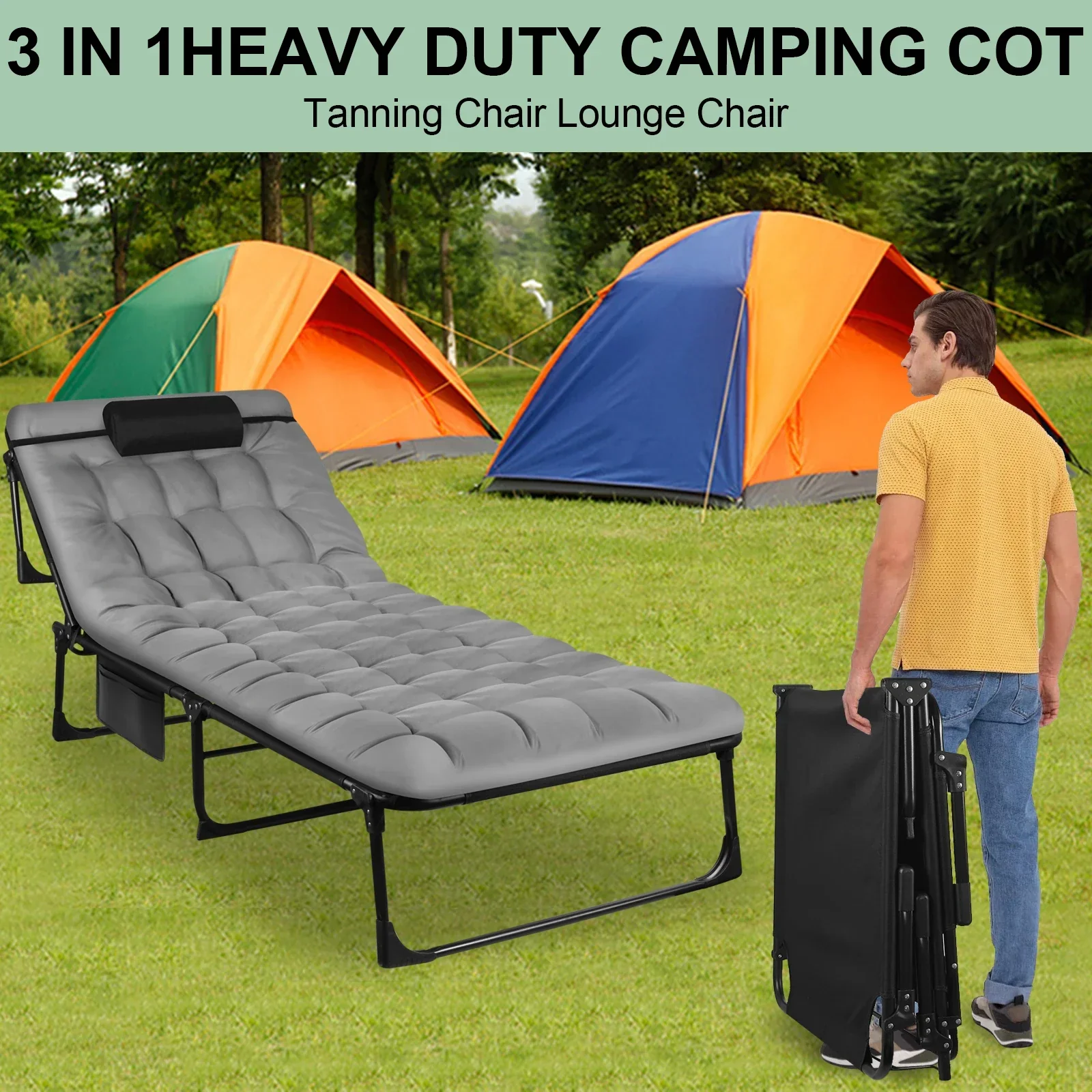 Portable Folding Camping Cot Adjustable Reclining Lounge Chair with Pillow - Image 6