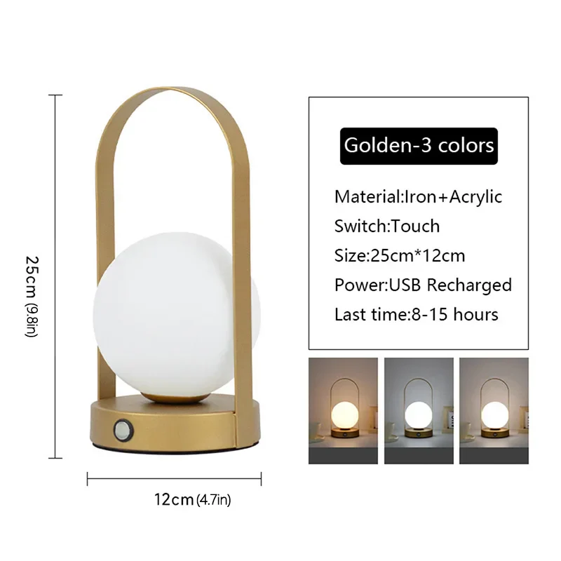 Portable Metal Table Lamp Rechargeable Dimmable 3 Color LED Bedside Desk Light - Image 7
