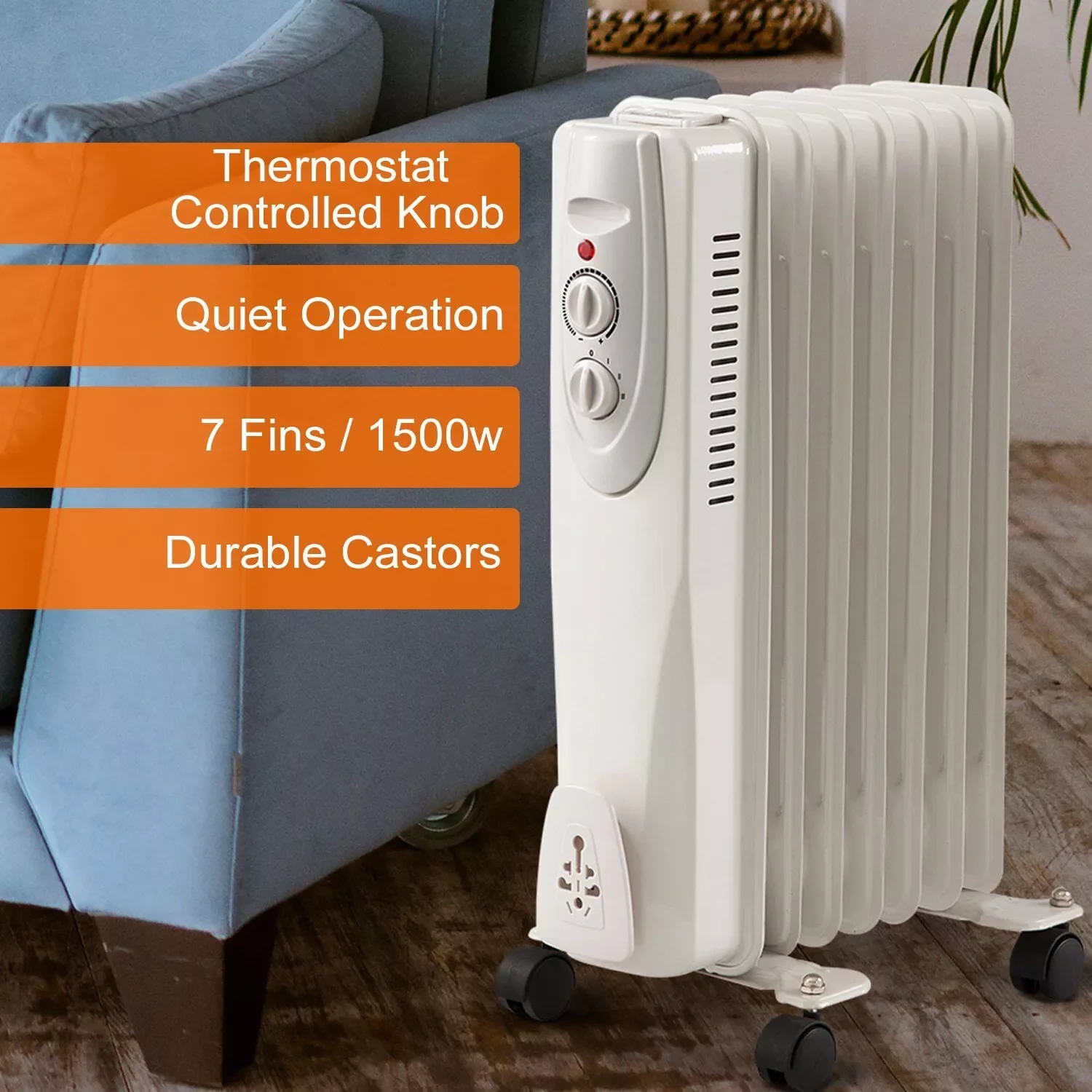 Portable Oil Filled Radiator Space Heater, 1500W, 7-Fin & 3 Heat Settings - Image 2