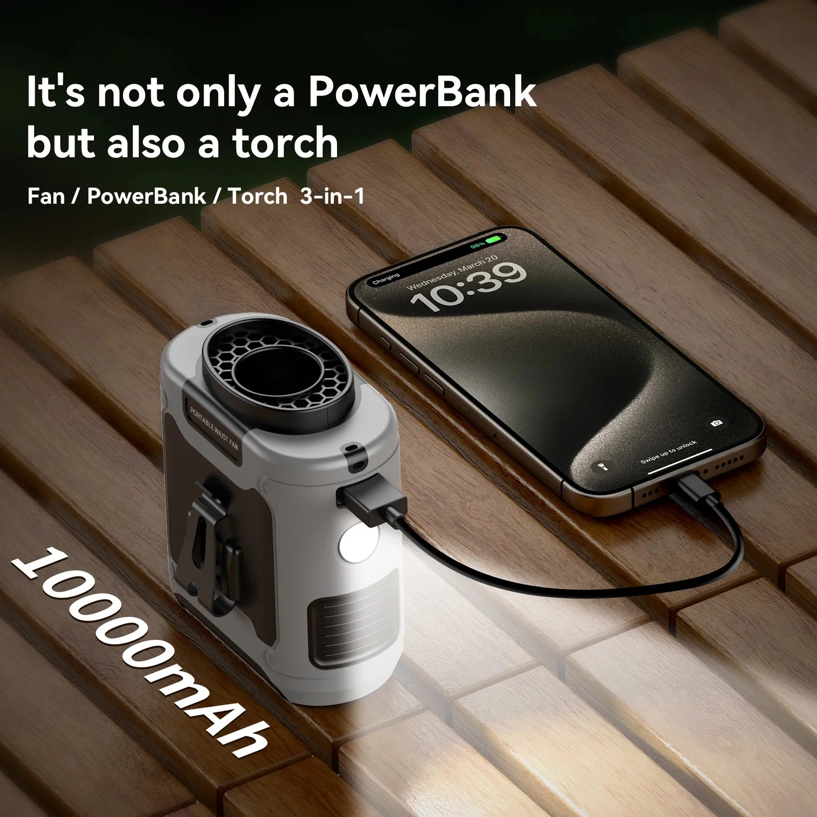 Portable Waist Fan 10000mAh Rechargeable Clip Fan with LED Light Power Bank - Image 3