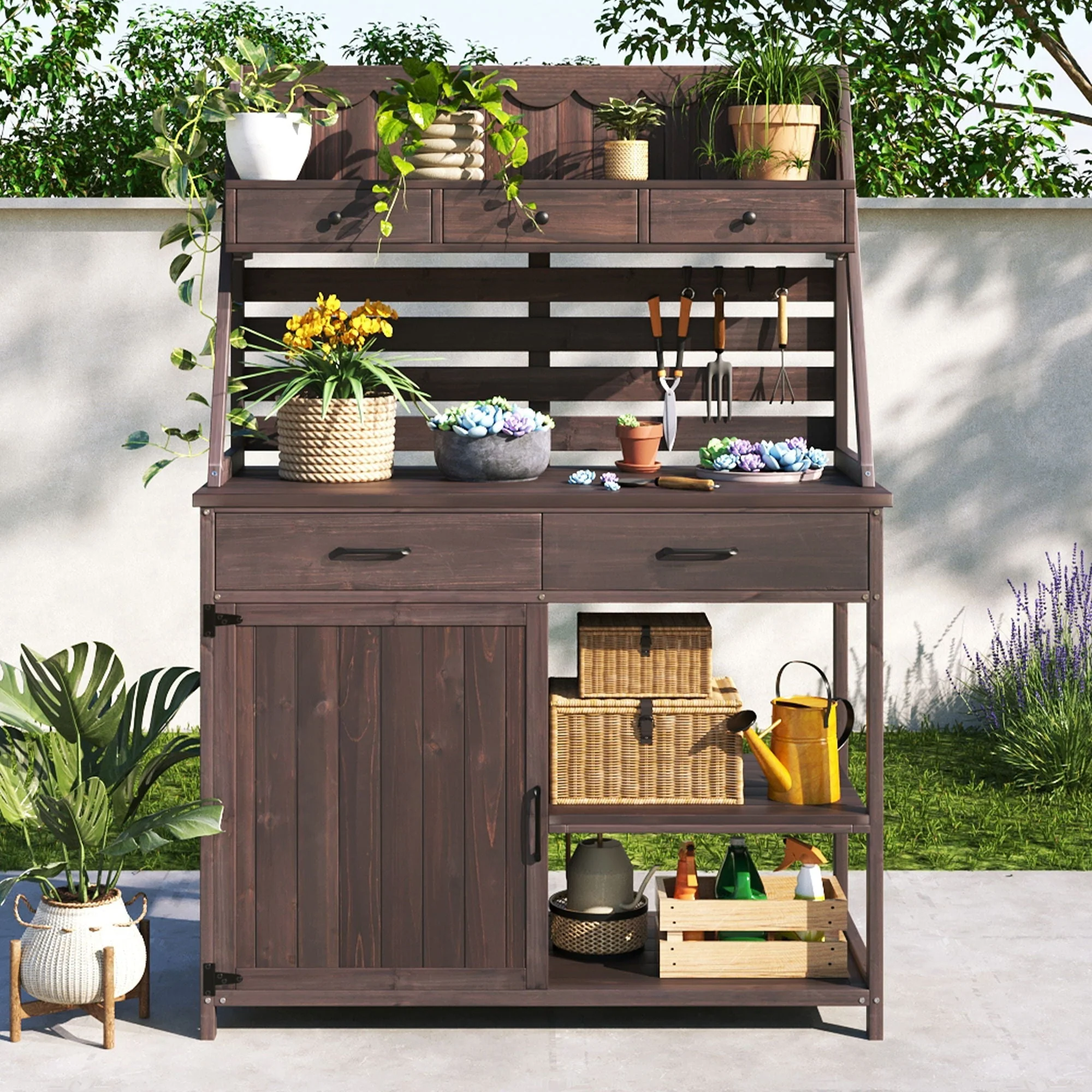 Potting Bench With 5 Drawer Storage And Slatted Back Panel, Garden Workstation - Brown - Image 2
