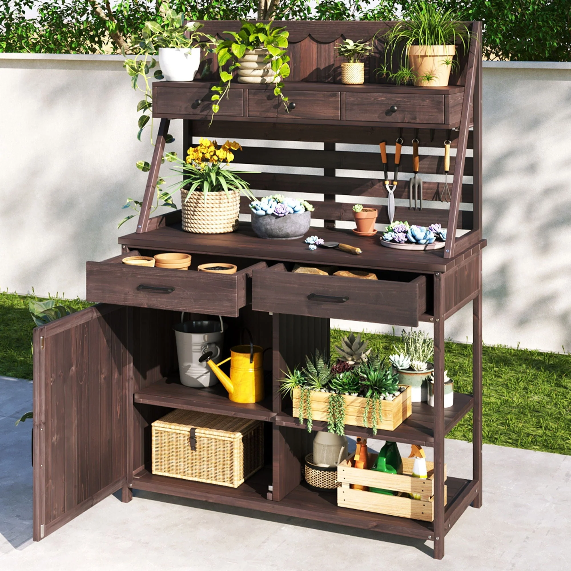 Potting Bench With 5 Drawer Storage And Slatted Back Panel, Garden Workstation - Brown - Image 4