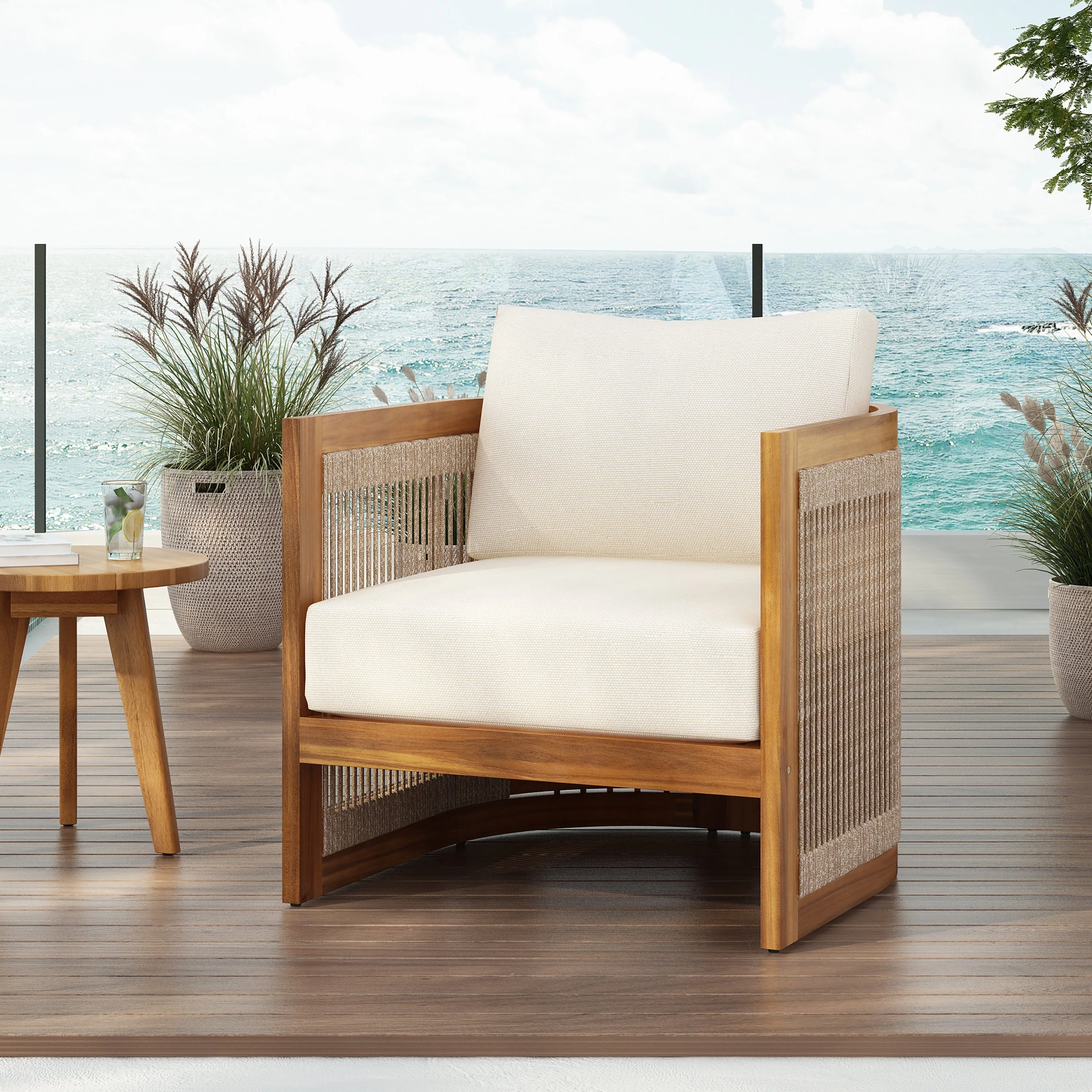Premium Acacia Wood Outdoor Club Chair with Curved Tub Design - Image 2