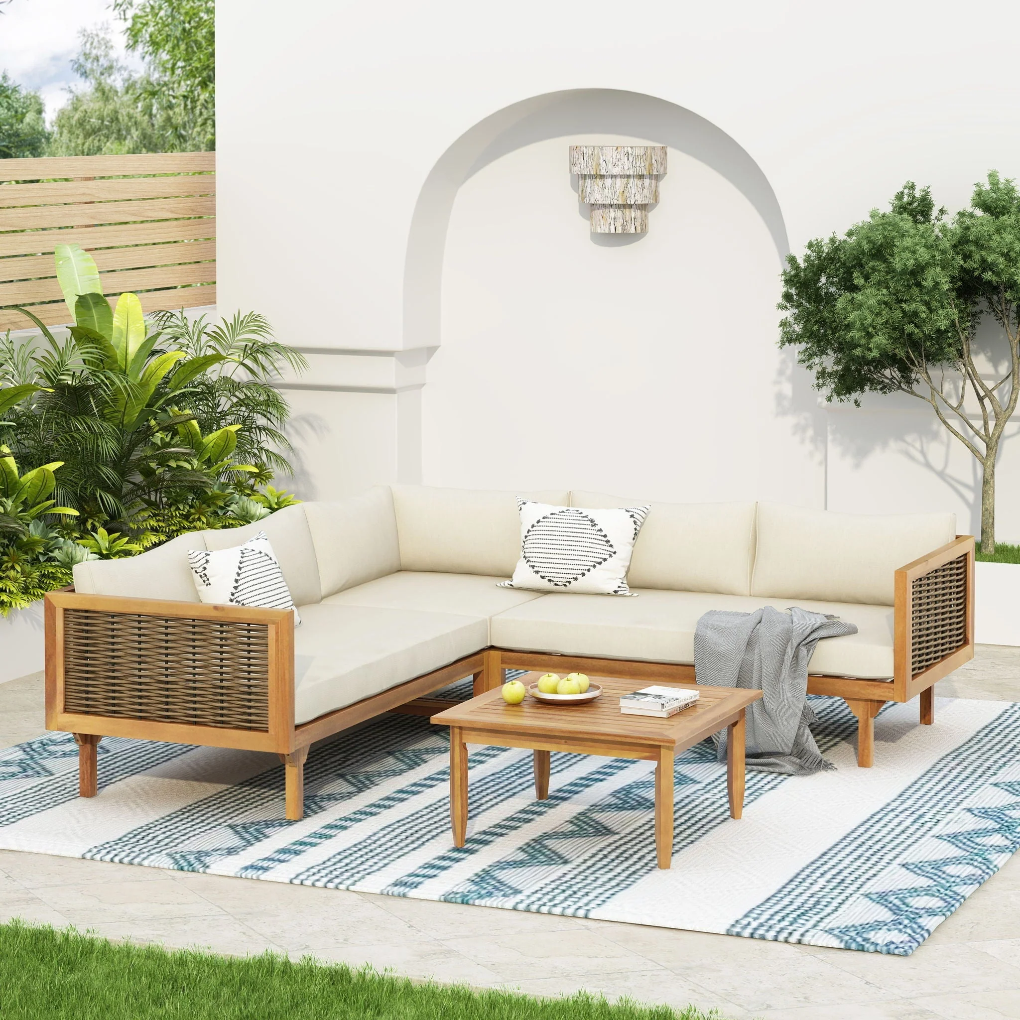 Premium Outdoor Sofa Set With Waterproof Cushions Sectional Seating Group With Acacia Wood And Wicker - Brown Mix / Beige - Image 4