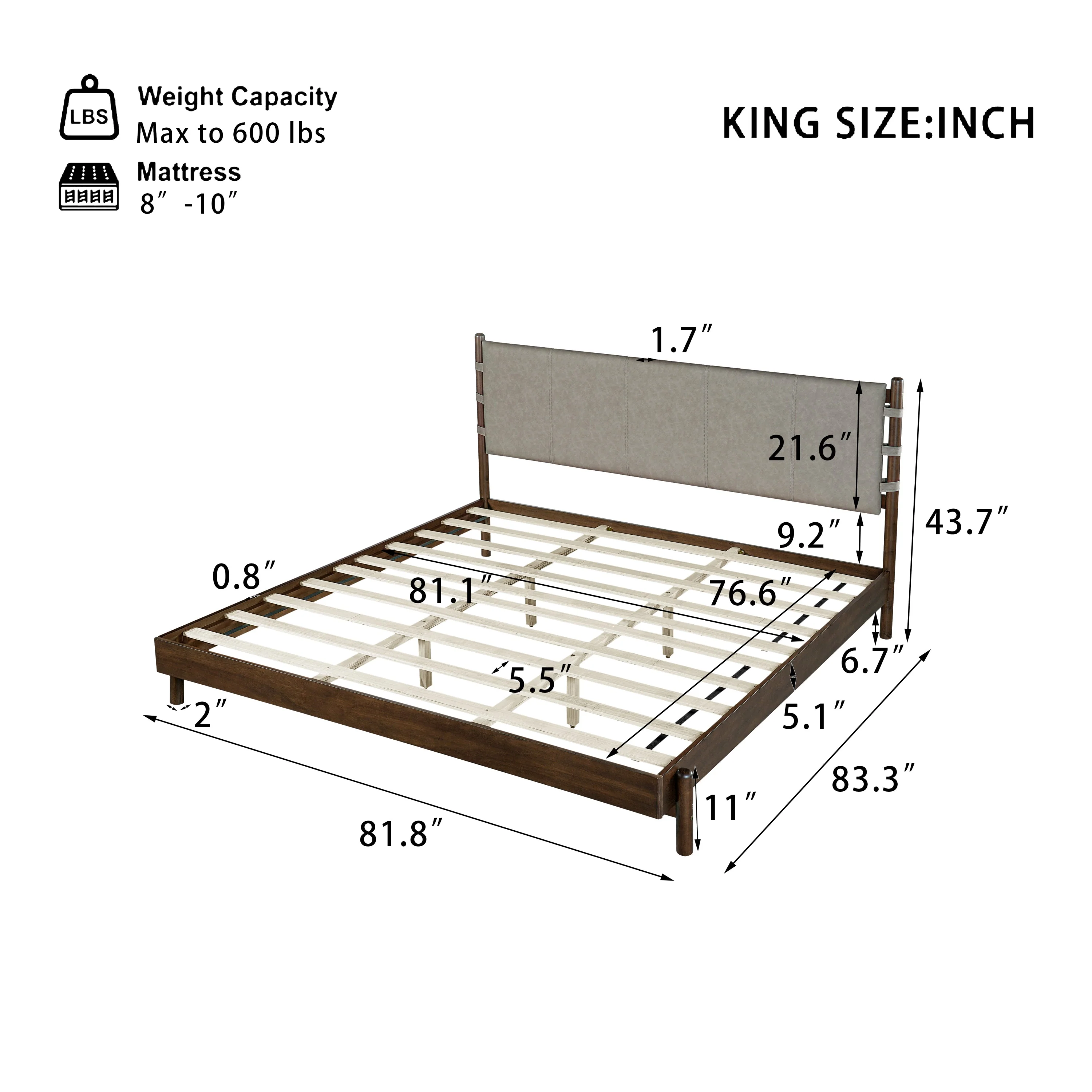 Premium Rubber Wood Platform Bed Frame, King Size with Headboard - Image 3