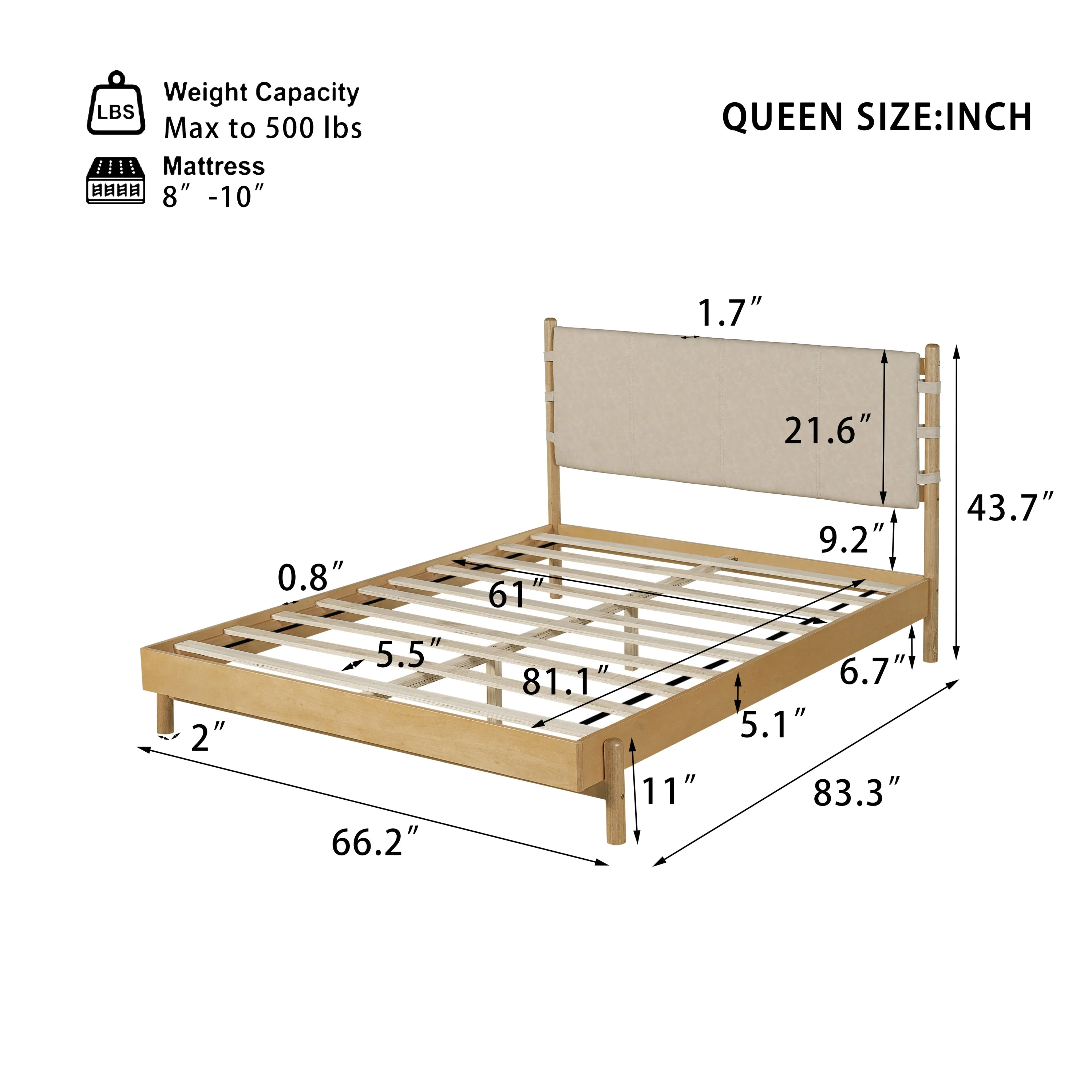 Premium Rubber Wood Platform Bed Frame, Queen Size with Headboard - Image 4