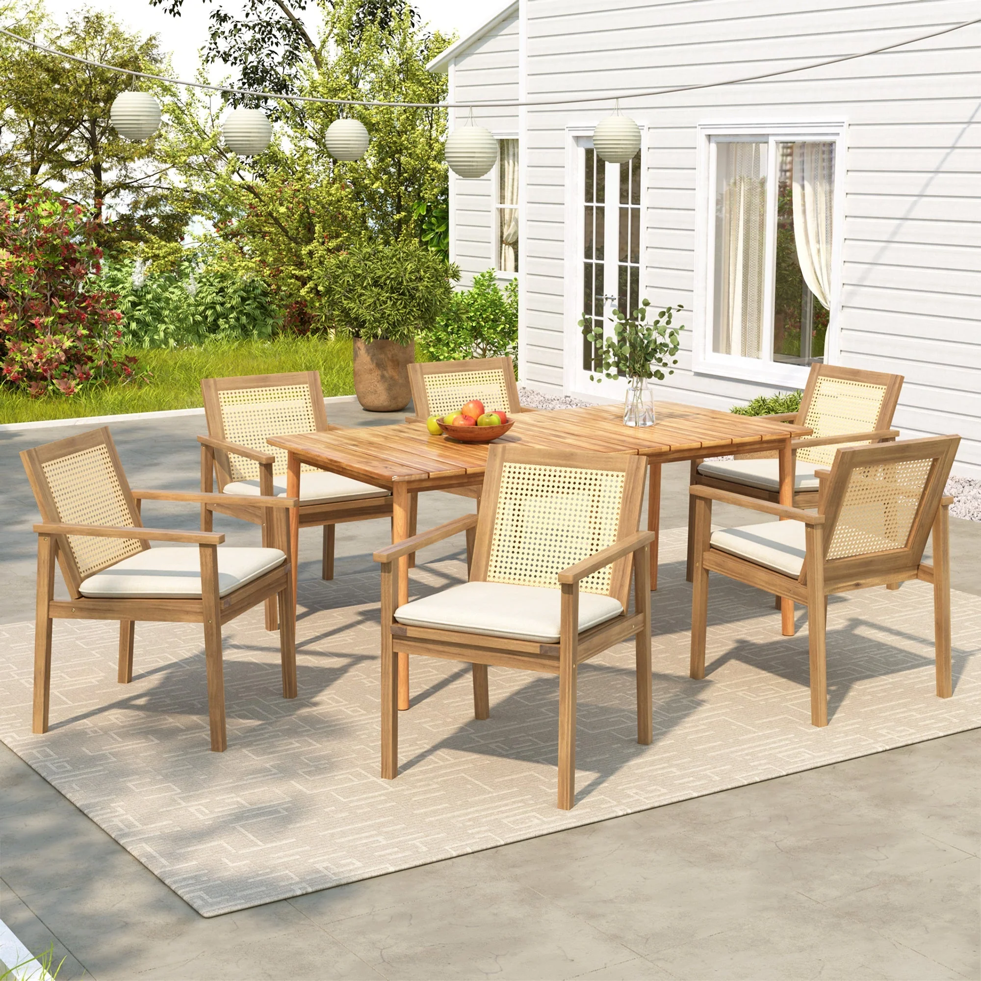 Preston Outdoor Patio 7-Piece Dining Set with Acacia Wood Chairs and Beige Cushions - Image 2