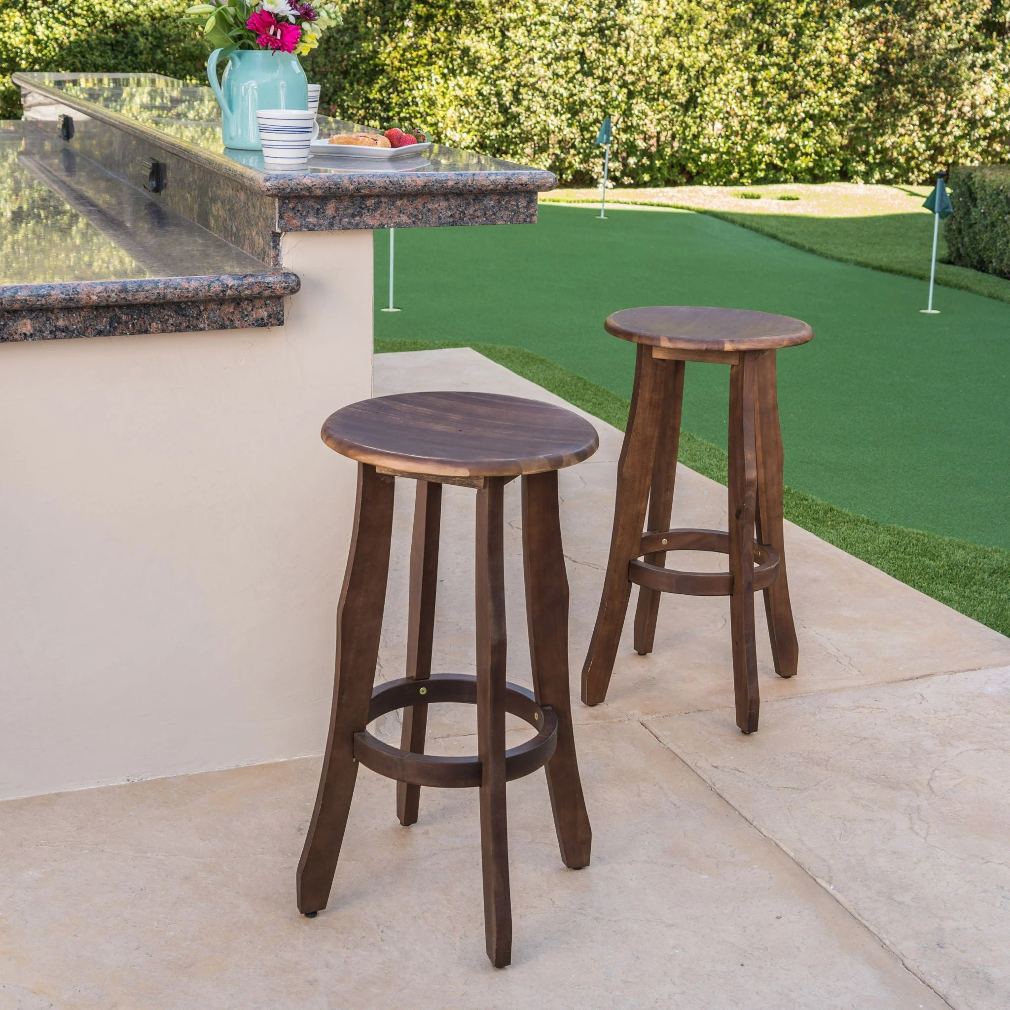 Primrose - Outdoor Acacia Wood Barstools With Foot Rest, (Set of 2) - Dark Brown - Image 2